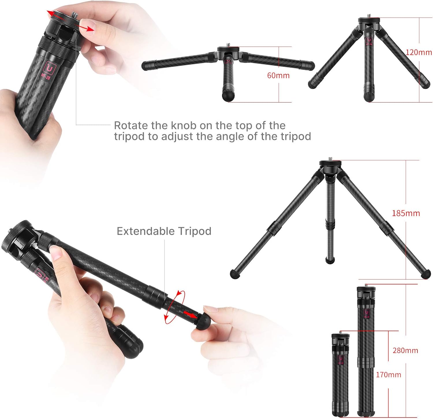 Ulanzi Mini Carbon Fiber Desktop Tripod for Camera w 360° Panoramic Metal Ballhead, Extendable Small Tabletop Tripod Stand Handle Grip for Camera Smartphone Vlogging Live Stream Tiktok Pack of 2