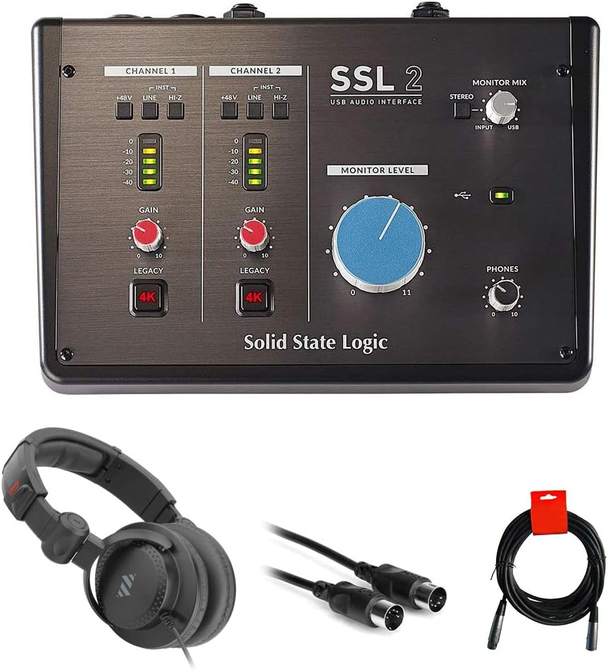 SSL SSL-2 Desktop USB Type-C Audio Interface Bundle with Studio Monitor Headphone, MIDI Cable & XLR Cable