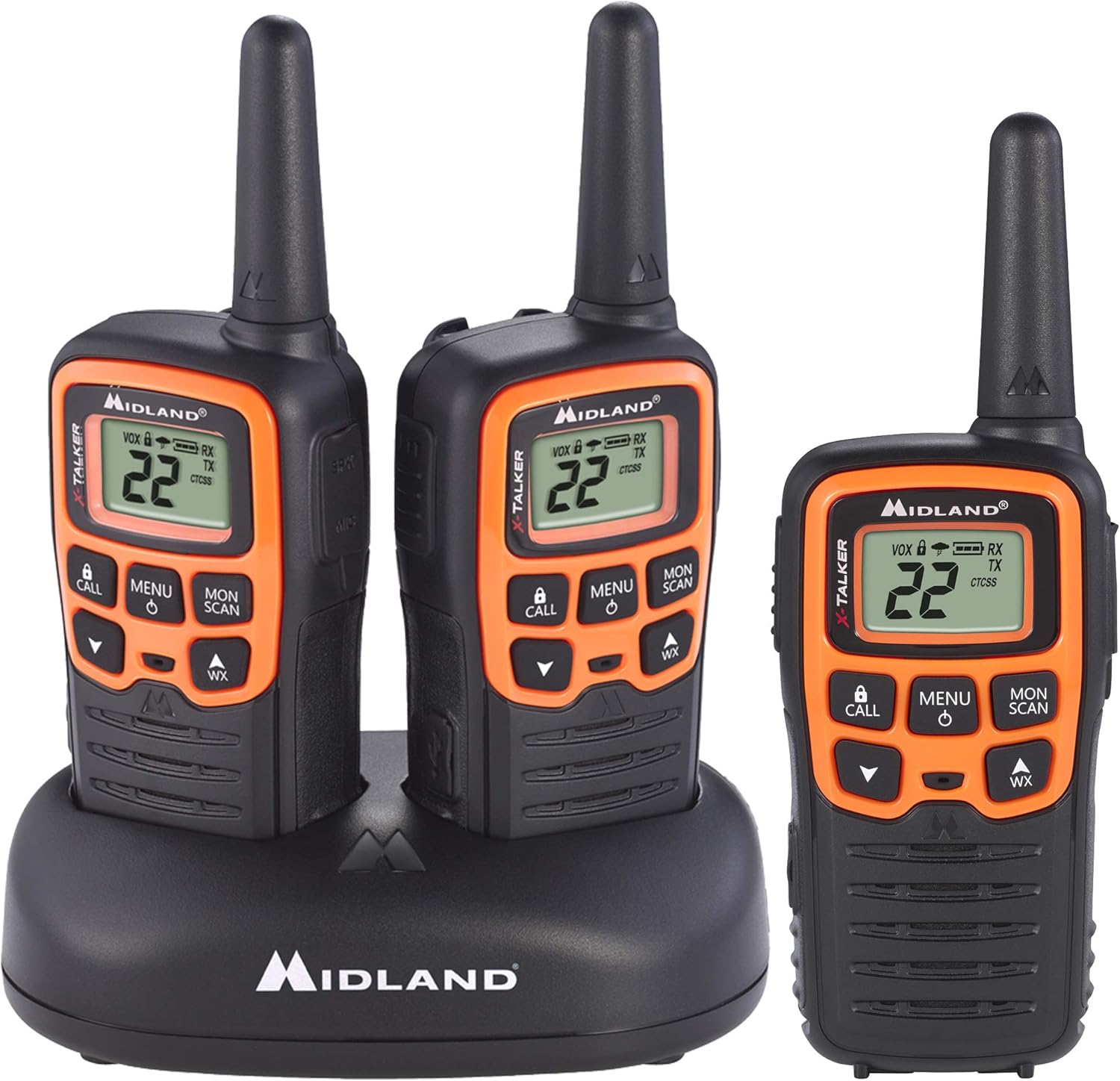 Midland - X-TALKER T51VP3, 22 Channel FRS Two-Way Radio - Extended Range, 38 Privacy Codes, NOAA Weather Alert (3 Pack) (Black/Orange) Pack of 2