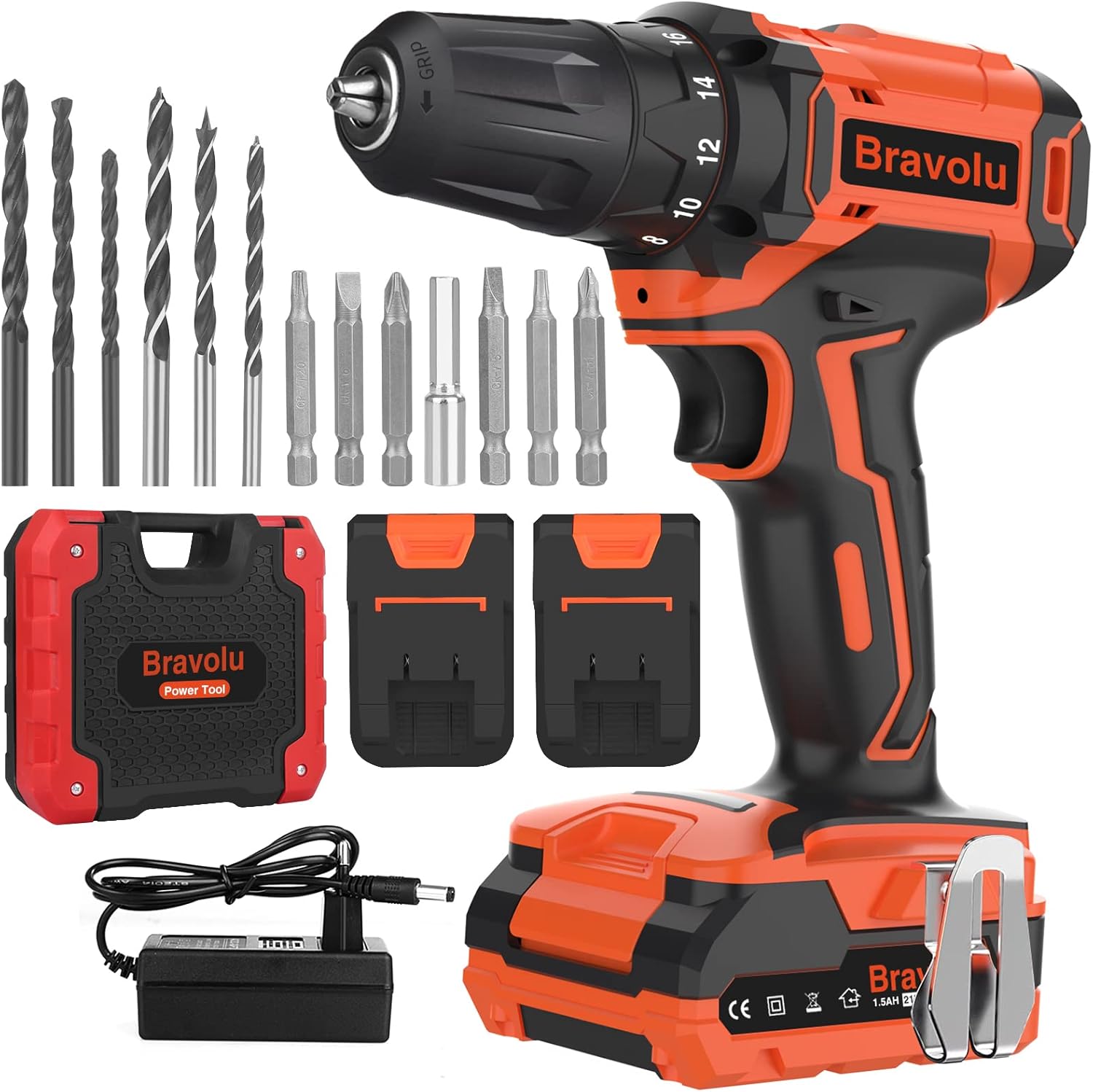 21V Cordless Drill, 350 In-lb Torque Bravolu Cordless Drill Driver Set with 2 Battery, 18+2 Torque Setting and 3/8'' Keyless Impact Drill, 1600RPM Variable Speed for Power Drill Drilling Wall Metal Pack of 2