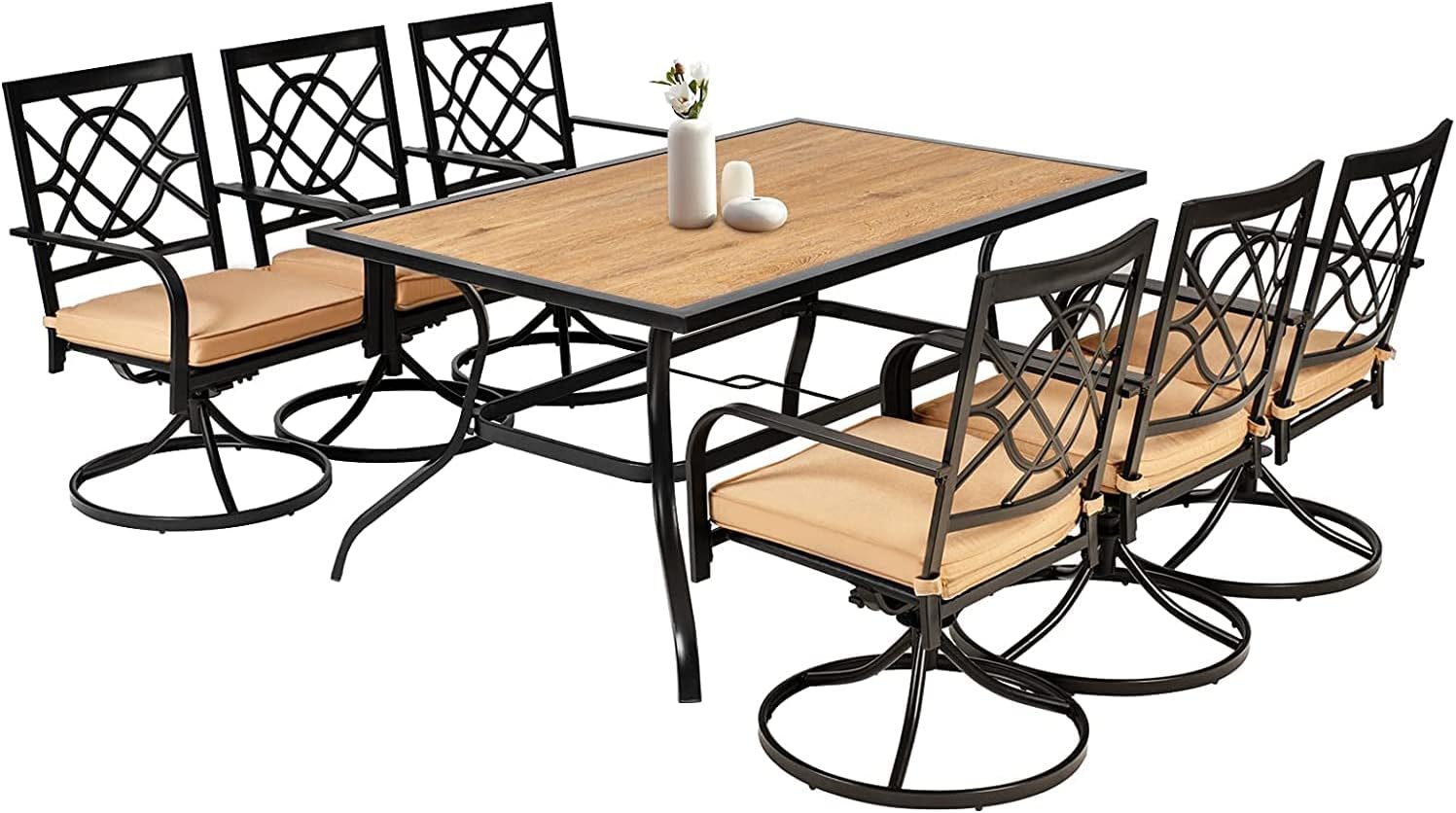 SOLAURA 7-Piece Outdoor Patio Dining Set, 6 Person Garden Dining Set Furniture with Steel Slat Table Top/Backyard Swivel Chairs, 1.57