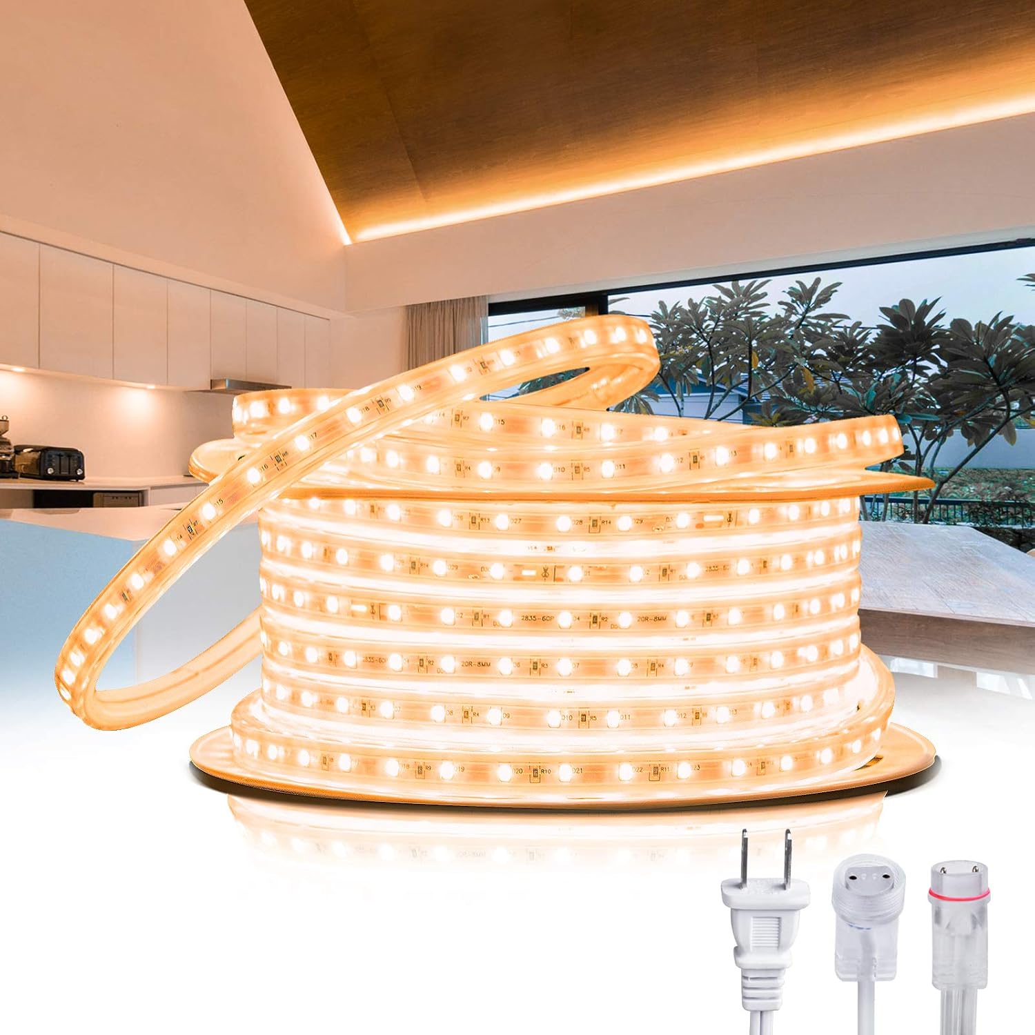 Shine Decor 50FT LED Strip Lights 6500K Cool White Cold-Resistant, AC110V-120V Flexible Connectable LED Rope Lights Kit IP65 Waterproof, Decorative Lighting Strips Cuttable for Indoor Outdoor Scenery
