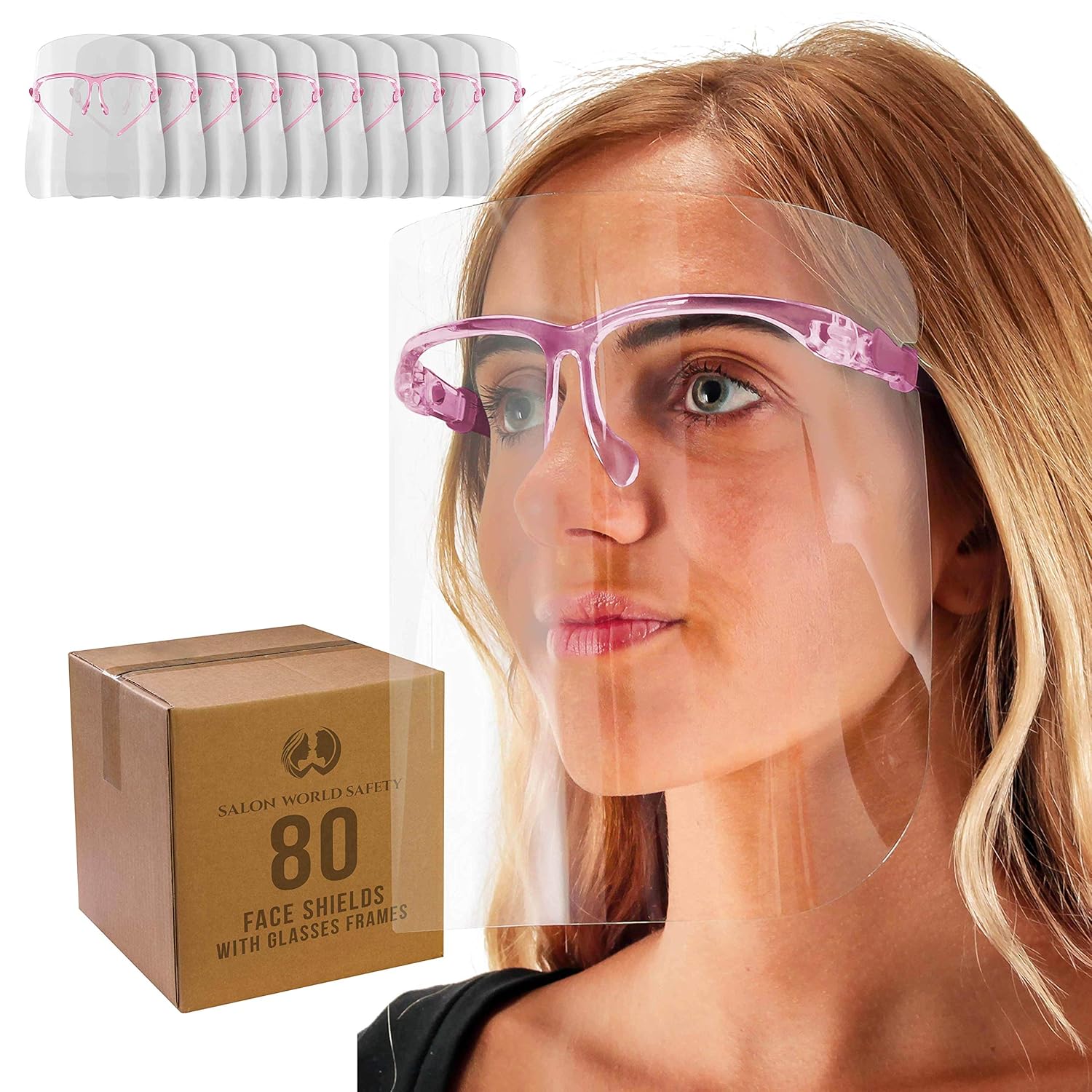 TCP Global Salon World Safety Face Shields with Pink Glasses Frames (Case of 80) - Ultra Clear Protective Full Face Shields to Protect Eyes, Nose, Mouth - Anti-Fog PET Plastic, Goggles