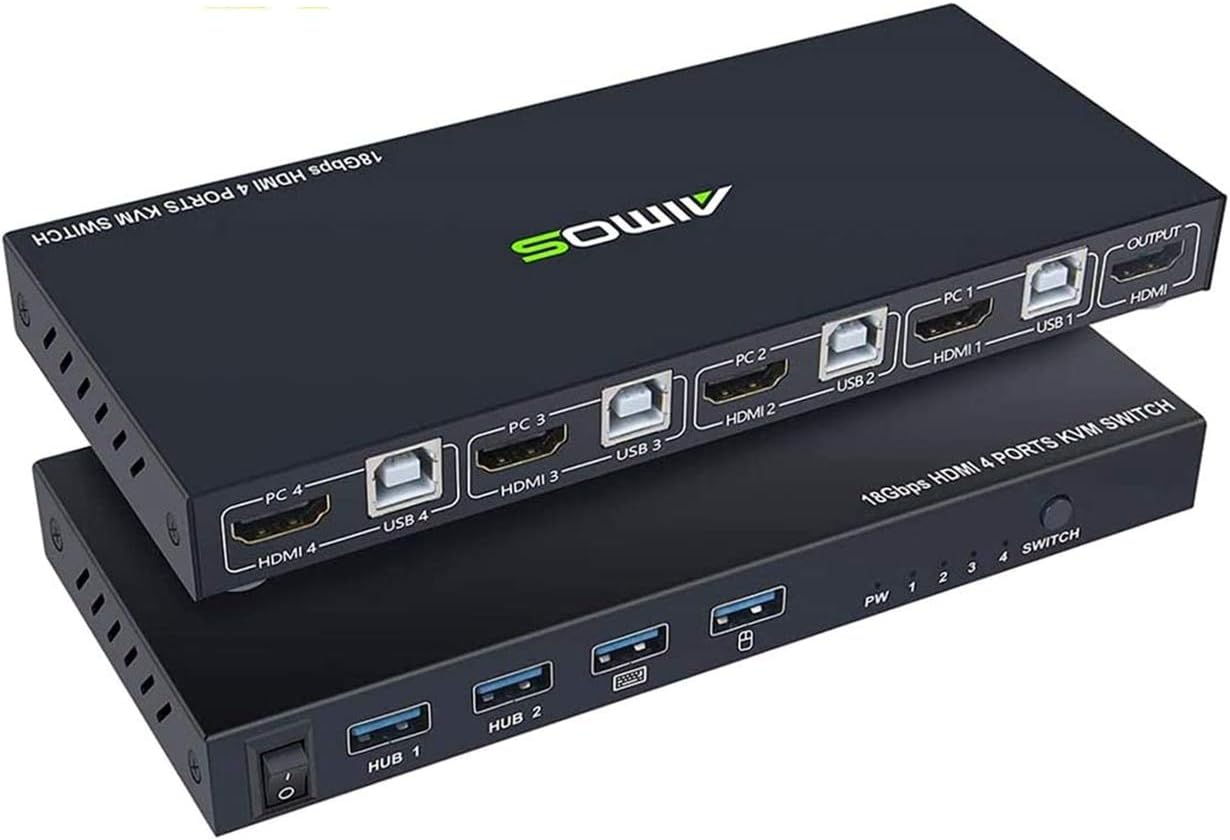 KVM Switch HDMI 4 Port Box, AIMOS HDMI 2.0 KVM Switcher Support Wireless Keyboard and Mouse Connections and with USB Hub Port, UHD 4K@60Hz & 3D & 1080P Supported Pack of 2