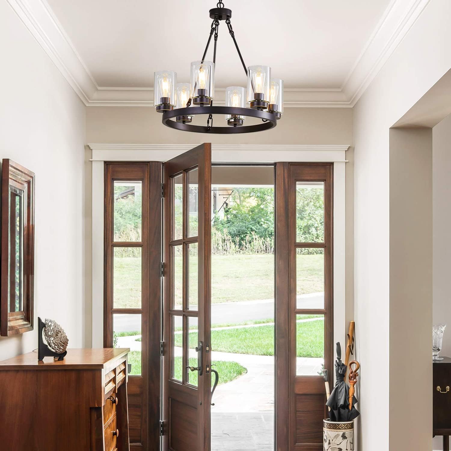 6-Light Large Industrial Rustic Farmhouse Wagon Wheel Chandelier Black Metal Large Round Dining Room Light Modern Rustic Light Fixture Iron Ring Chandelier Clear Glass Shade