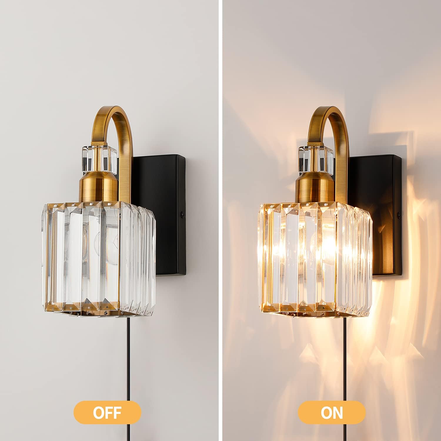 Crystal Wall Sconce ,Plug in Wall Sconces with On/Off Switch,K9 Crystal Bathroom Vanity Wall Light Fixtures,Black and Gold Indoor Wall Sconces for Living Room Hallway Doorway