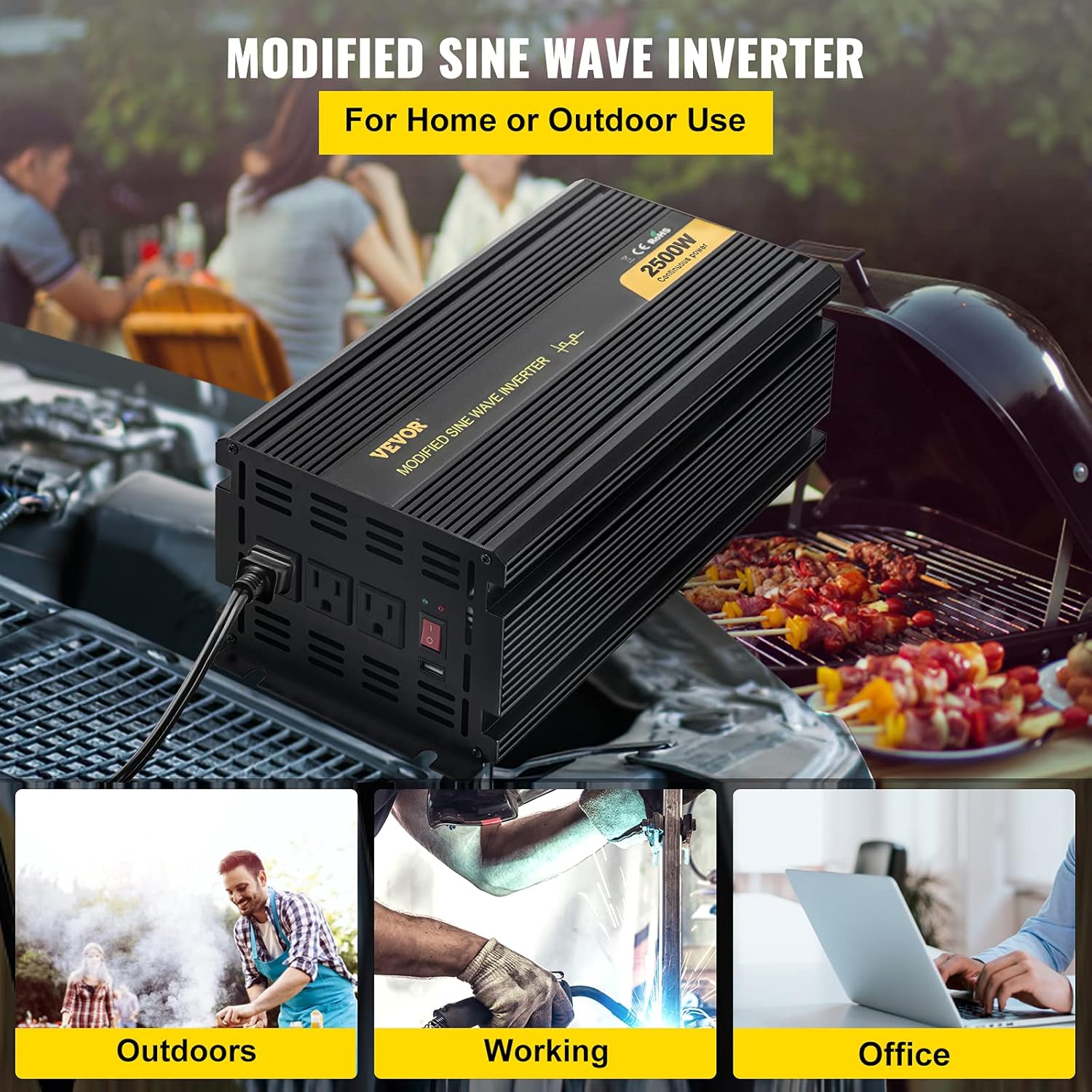 VEVOR Power Inverter, 2500W Modified Sine Wave Inverter, DC 24V to AC 120V Car Converter, with LCD Remote Controller, LED Indicator, AC Outlets Inverter for Truck RV Car Boat Travel Camping Emergency