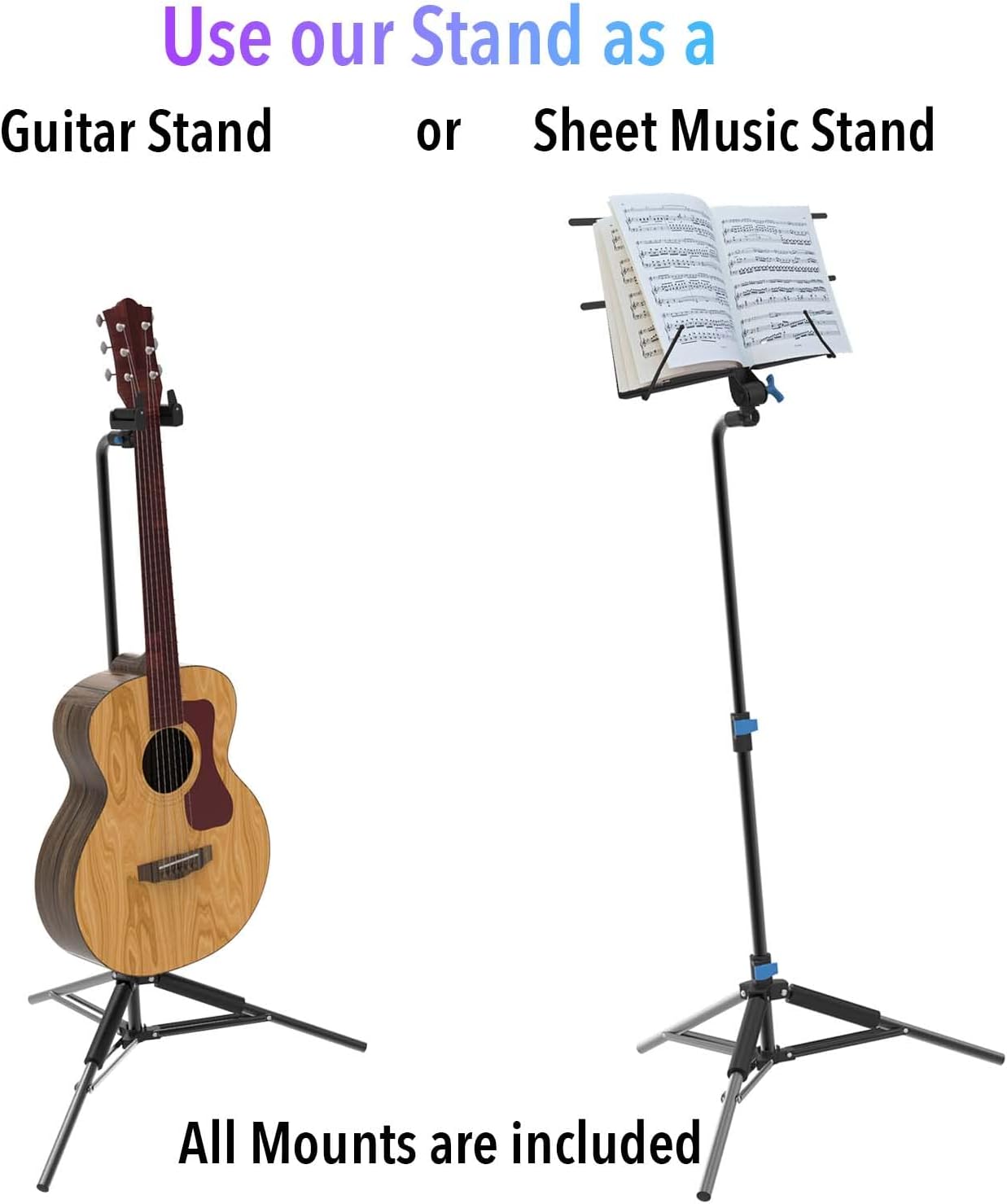 IA Stands ECT7 guitar stand with sheet music holder - One of our best guitar & bass accessories. Great music stand for guitar players! This multi-purpose acoustic guitar stand makes a perfect gift! Pack of 2