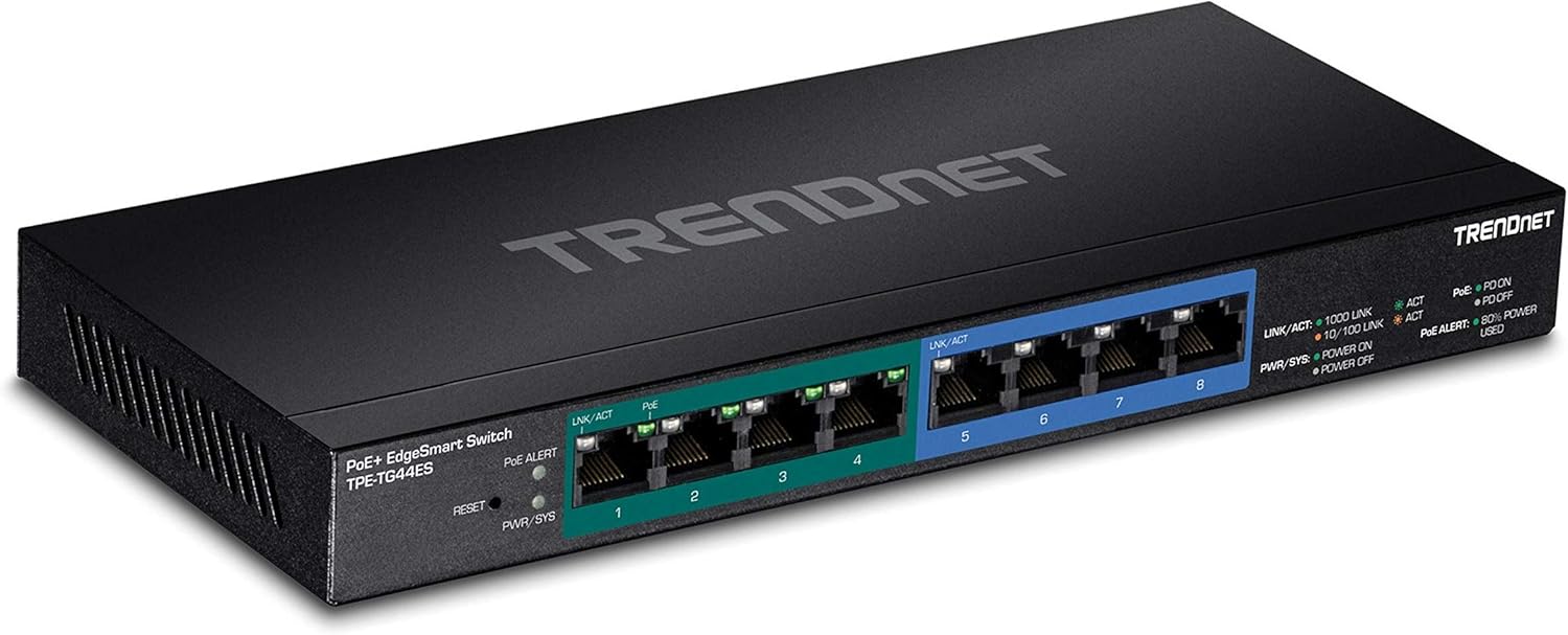 TRENDnet 8-Port Gigabit EdgeSmart PoE+ Switch, 60W PoE Power Budget, 16Gbps Switching Capacity, TPE-TG44ES, Black, 4 x Gigabit| 4 x Gigabit PoE + Pack of 2