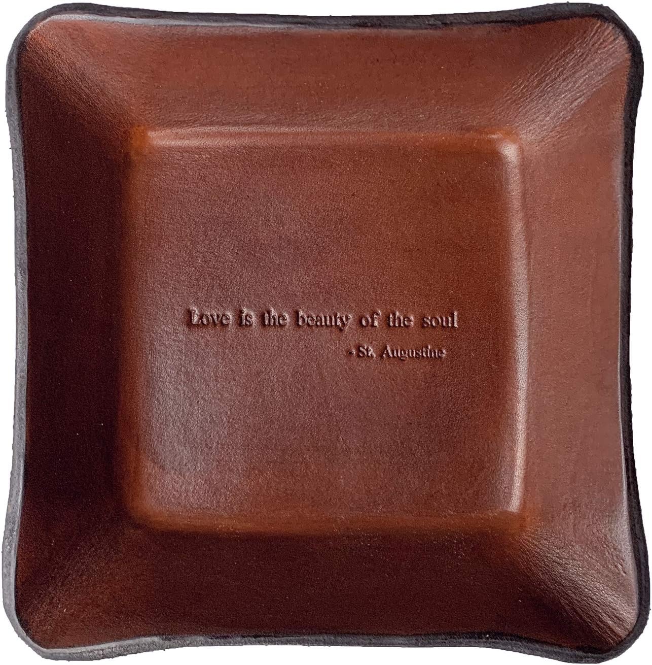 Twin Saints Brown Leather Third Anniversary Valet. St. Augustine Quote Inscribed Leather Desk Tray. Pack of 2