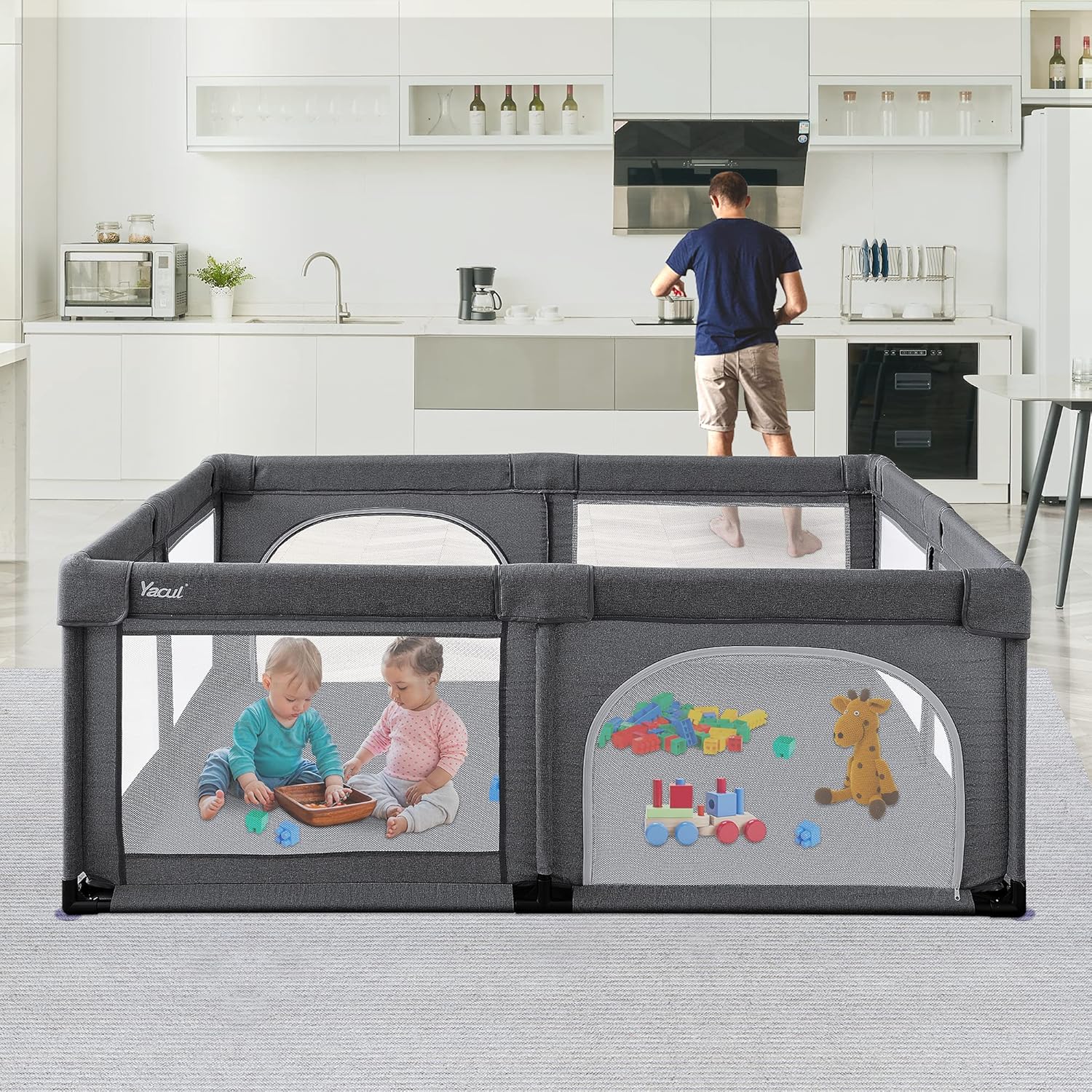 Playpen for Baby, Yacul Extra Large Playard with Anti-Slip Base, A Safety Home Indoor Play Center for Toddlers (Dark Gray)