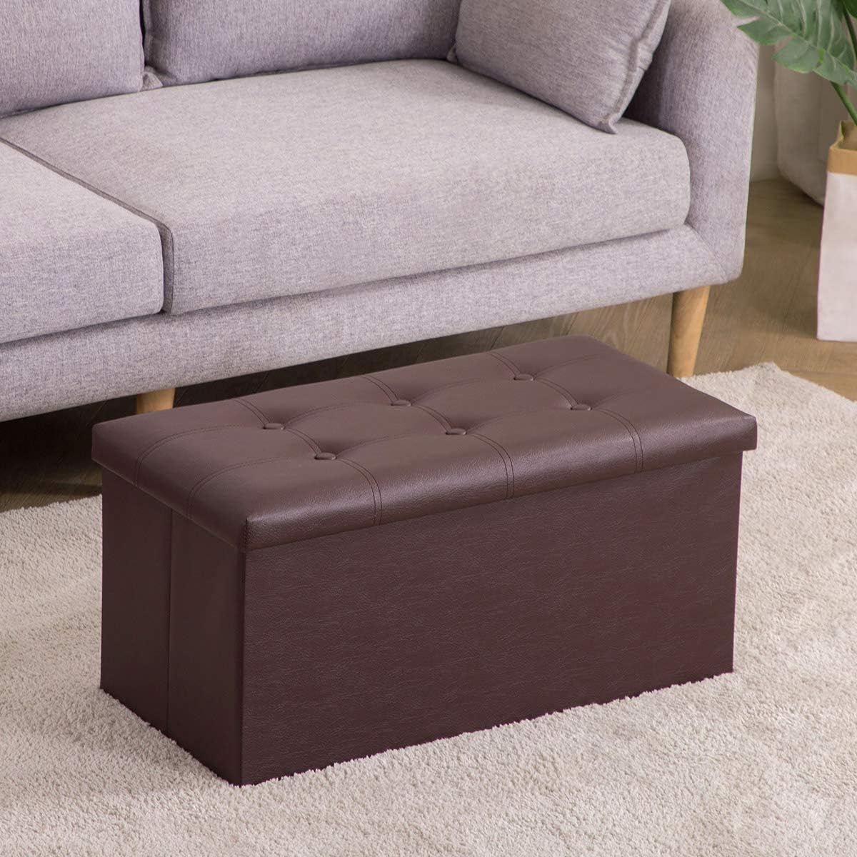 YAZOOSTORE Folding Storage Ottoman Bench, Faux Leather Footrest for Living Room, End of Bed Bench with Padded Seat, Holds up to 350lbs - Brown Pack of 2