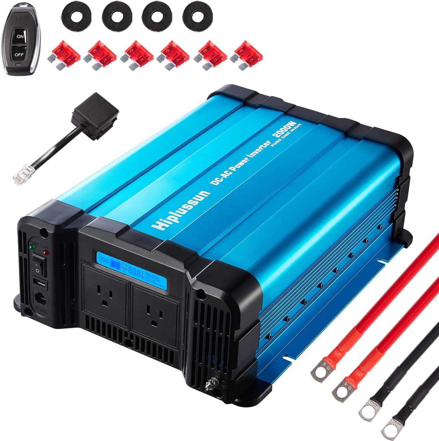 2000 Watt Pure Sine Wave Inverter, Hiplussun Power Inverter 12v to 110v with Wireless Remote and Display and Dual AC Outlets and USB Port