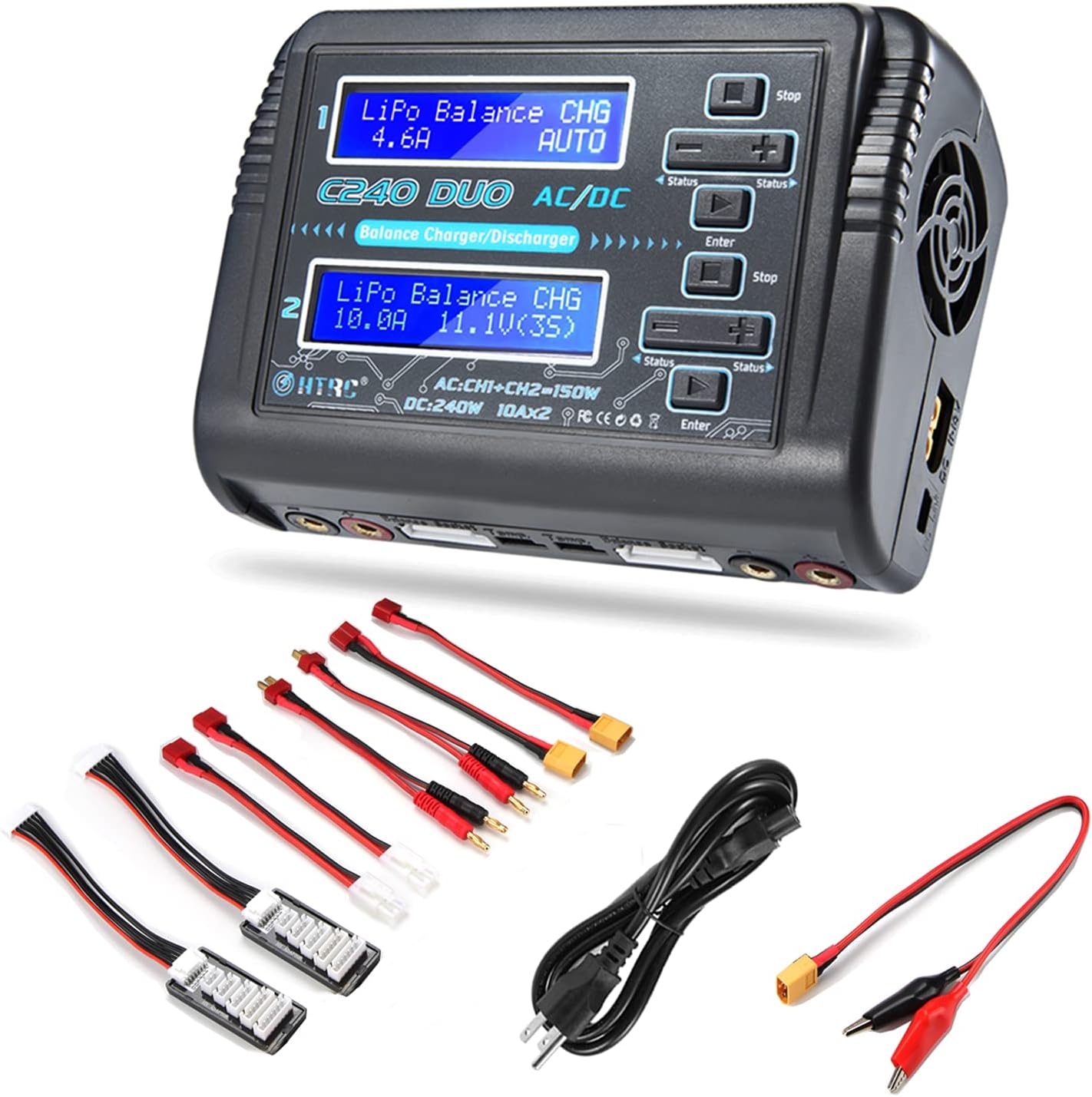 HTRC C240 Dual LiPo Balance Charger 1S-6S AC 150W DC 240W 10A RC Battery Charger Battery Charger Discharge for LiPo/Li-ion/Life(1-6s) NiCd/NiMH/LiHV/PB Smart Battery RC Car Charger