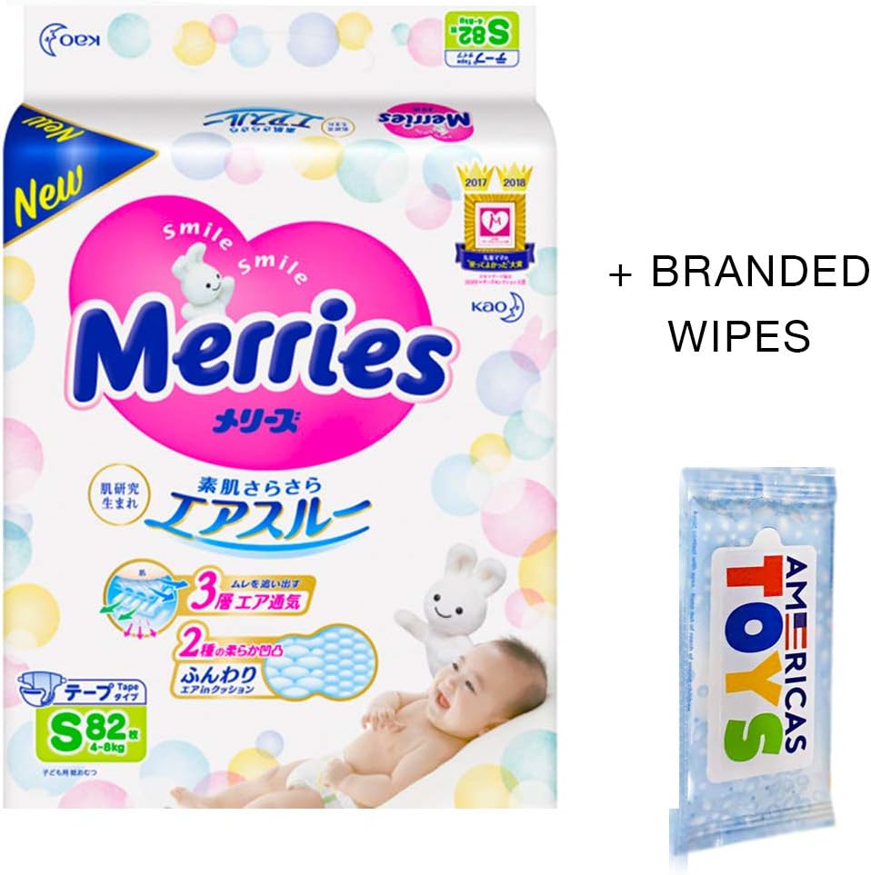 Diapers Size Small (9-18 lbs) 82 counts – Merries Diapers Bundle with Americas Toys Wipes – Baby Diapers Tape Type Safe Materials, Indicator Prevents Leakage, Ultra-Soft for Tummy Packaging May Vary Pack of 2