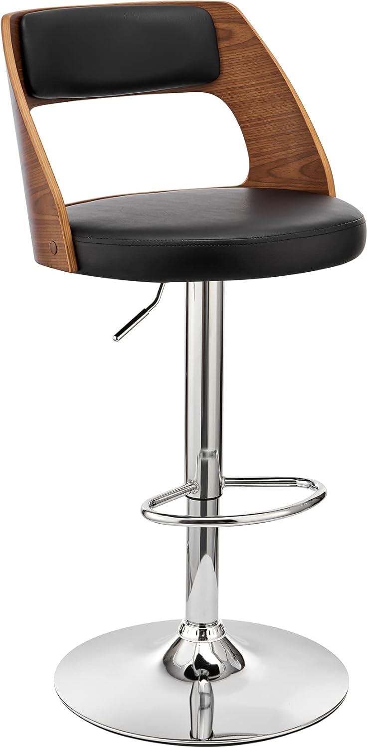 Paulo Adjustable Swivel Black Faux Leather and Walnut Wood Bar Stool with Chrome Base