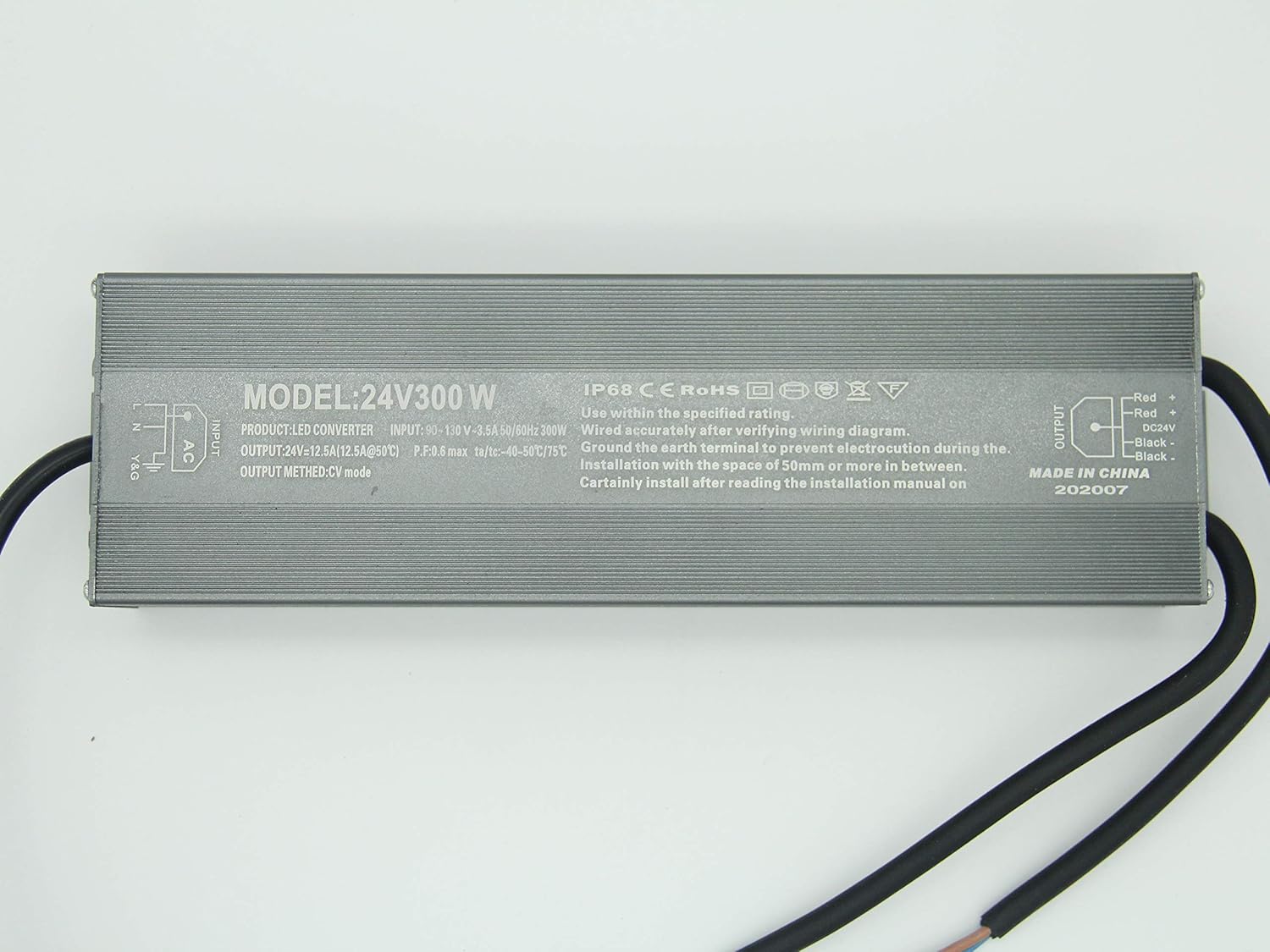 RSN LED 300W LED Driver, Waterproof IP68 Transformer, 90V-130V AC to 24V DC Low Voltage Output for LED Light, LED Power Supply Adapter 3.9 Feet Cable with US Standard 3-hole Plug Pack of 2