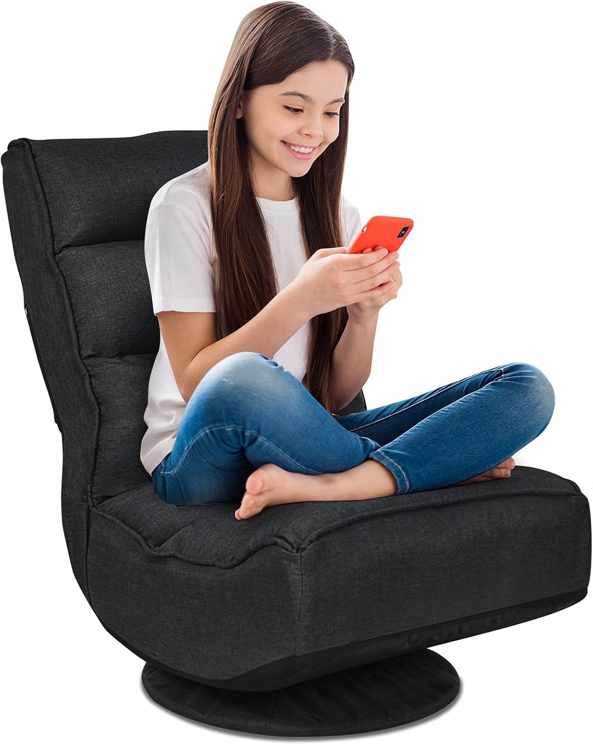 Rainfally 360-Degree Swivel Floor Sofa Chair, Folding Gaming Chair w/ 5-Position Adjustable Backrest & Comfortable Sponge, Padded Lazy Sofa Lounge Chair for Reading, TV Watching or Gaming (Navy)