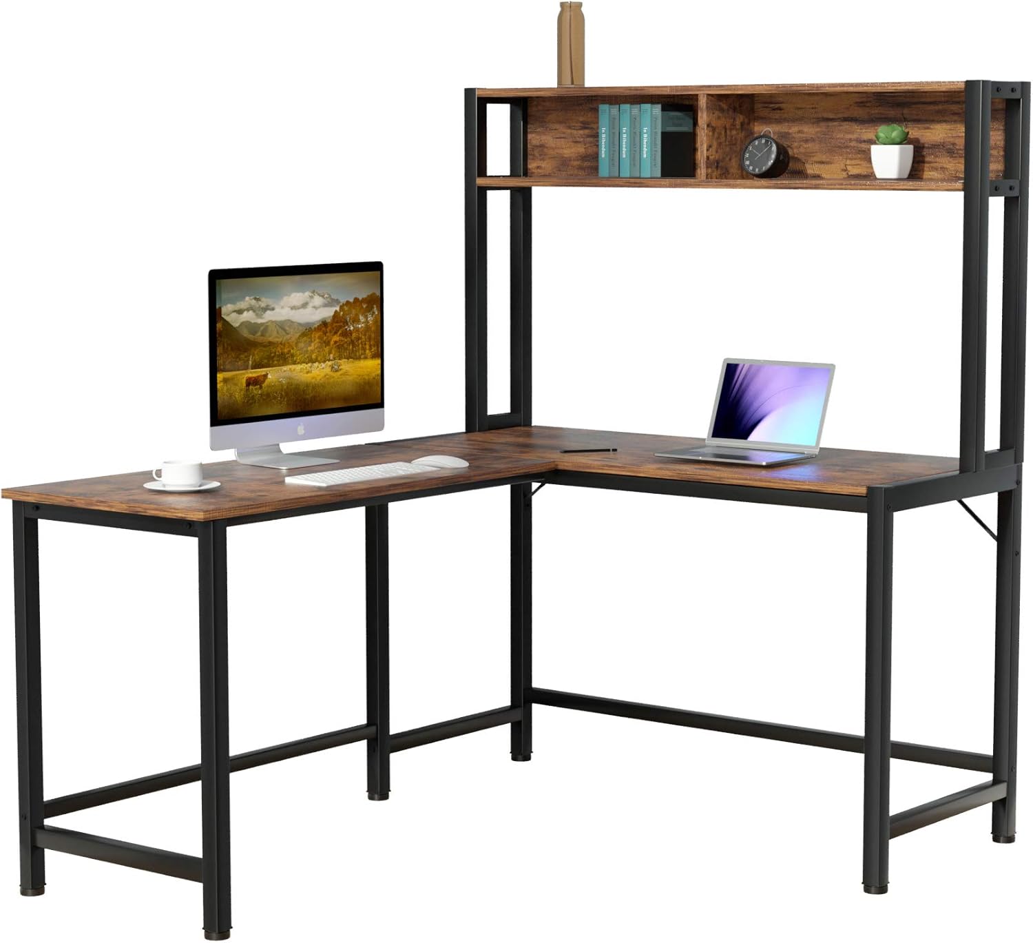 L-Shaped Desk with Hutch, 55 Inch Corner Computer Desk Gaming Table Workstation with Storage Shelves Bookshelf, Study Writing Space Saving Desk for Home Office (Gray)