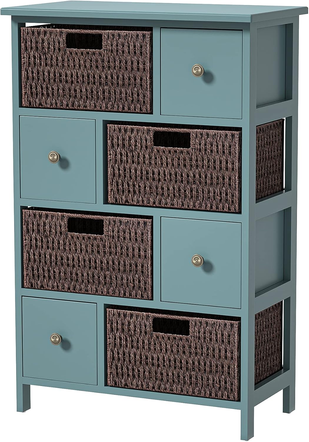 Knocbel Farmhouse 4-Drawer Storage Cabinet with 4 Wicker Baskets, Living Room Bedroom Entry Hallway Accent Cabinet Chest of Drawers, 132lbs Weight Capacity, 21.7
