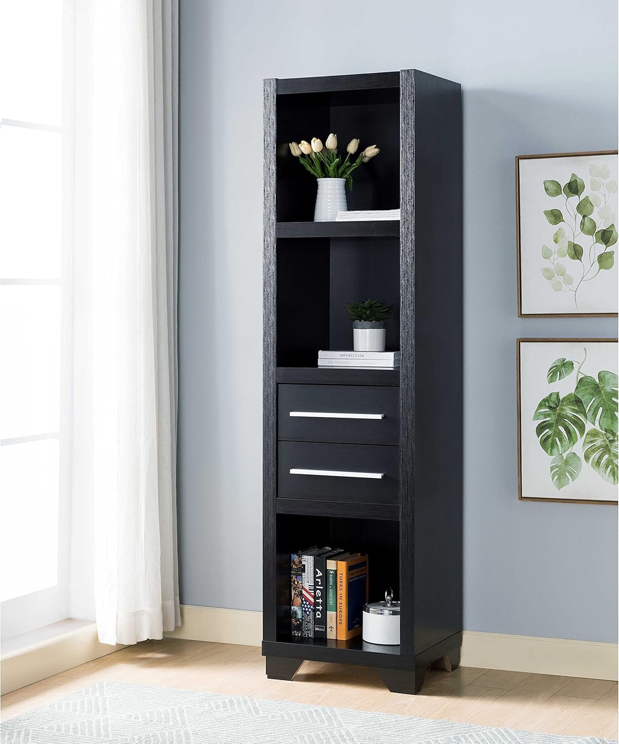 FC Design Utility Black TV Entertainment Center Pier with 3 Shelves & 2 Drawers for Display, Storage and Decoration