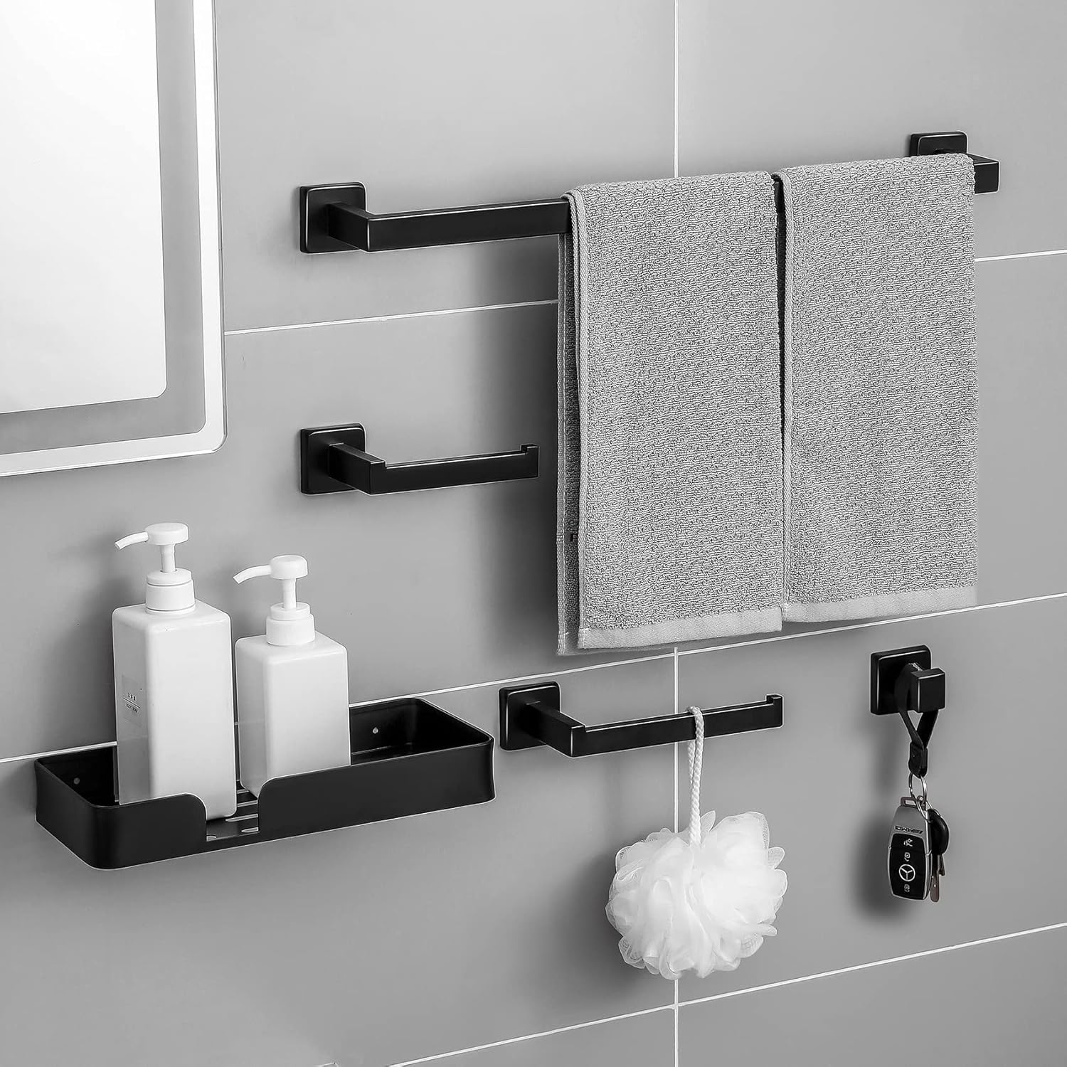Rinafly 5 Pieces Bathroom Hardware Accessories Set Matte Black Towel Bar Set Wall Mounted, Premium SUS304 Stainless Steel,23.6-Inch.