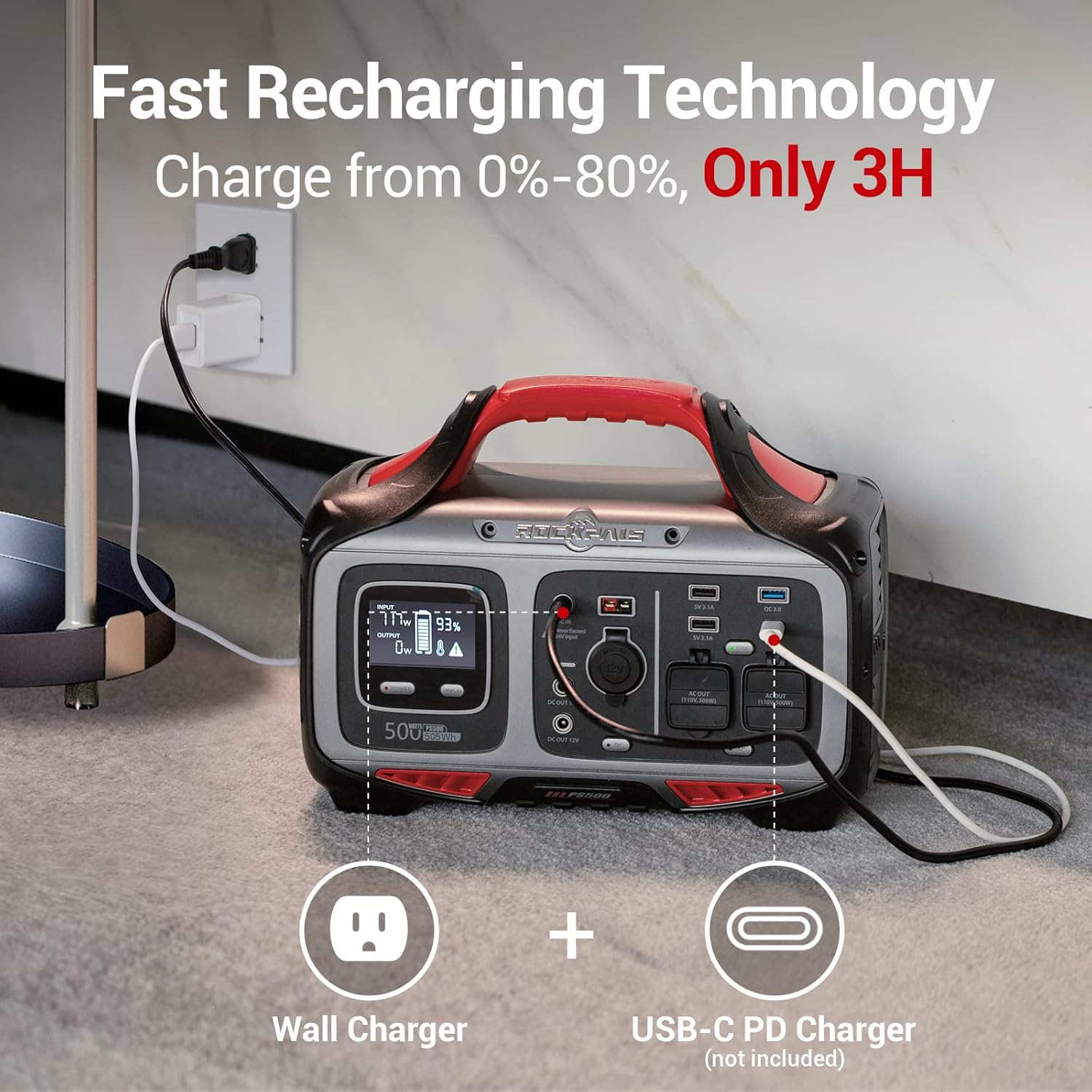 ROCKPALS Portable Power Station 500W - 505Wh Solar Generator with 2 Pure Sine Wave AC Outlet, Peak 750W - Solar Powered Generator - Quick Charge DC&PD Ports, 12V Regulated Outdoor Generator for Camping Road Trip, Outdoor Adventure, 2 Year Warranty