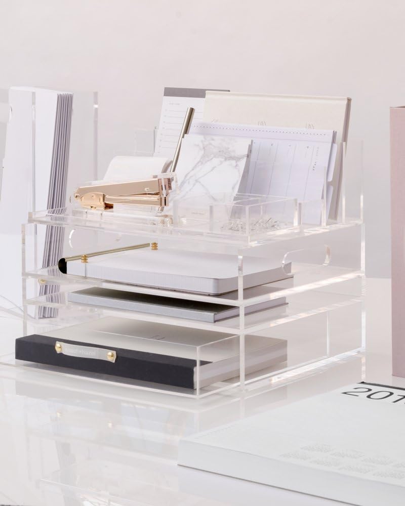 russell+hazel Acrylic Inbox + Drawer Organizer, Clear, 12.5â€ x 10.5â€ x 3.75â€ , Gold Pack of 2