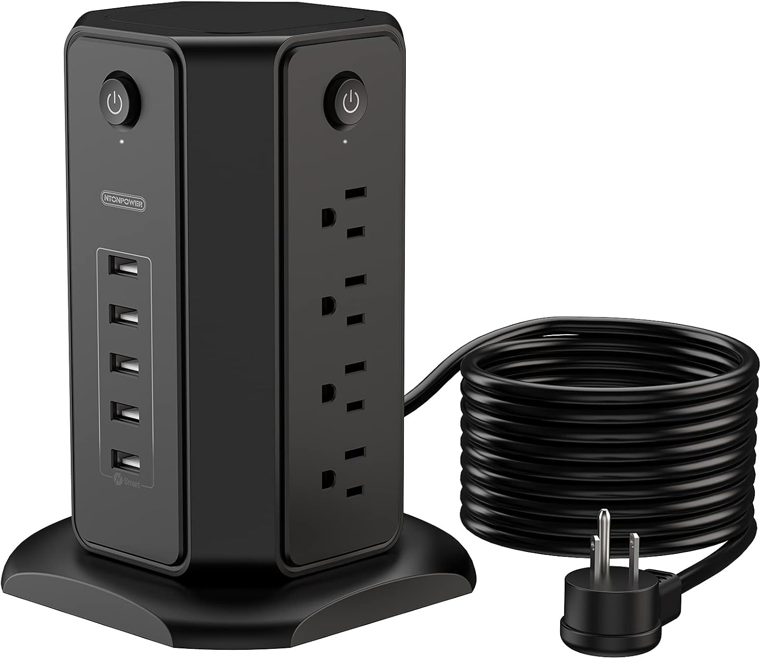 15ft Power Strip Tower Surge Protector, NTONPOWER Long Extension Cord Flat Plug Power Strip with 8 Outlet 5 USB Desktop Charging Station, Individual Switches, 1080 J, Circuit Breaker for Home Office Pack of 2