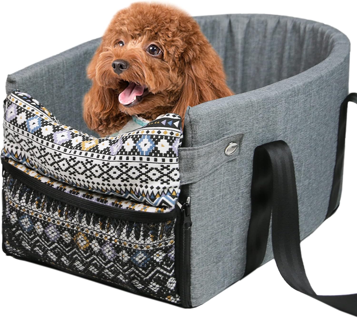 GeerDuo Small Dog Cat Car Booster Seat, Center Console Dog Car Seat, Pet Armrest Car Carrier, Suitable for Most Car Deluxe Deluxe Interactive Pet Seat(Grey)