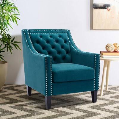 Accent Armchair Living Room Chair with Nailheads and Solid Wood Legs Rosdorf Park Fabric: Teal Linen Blend