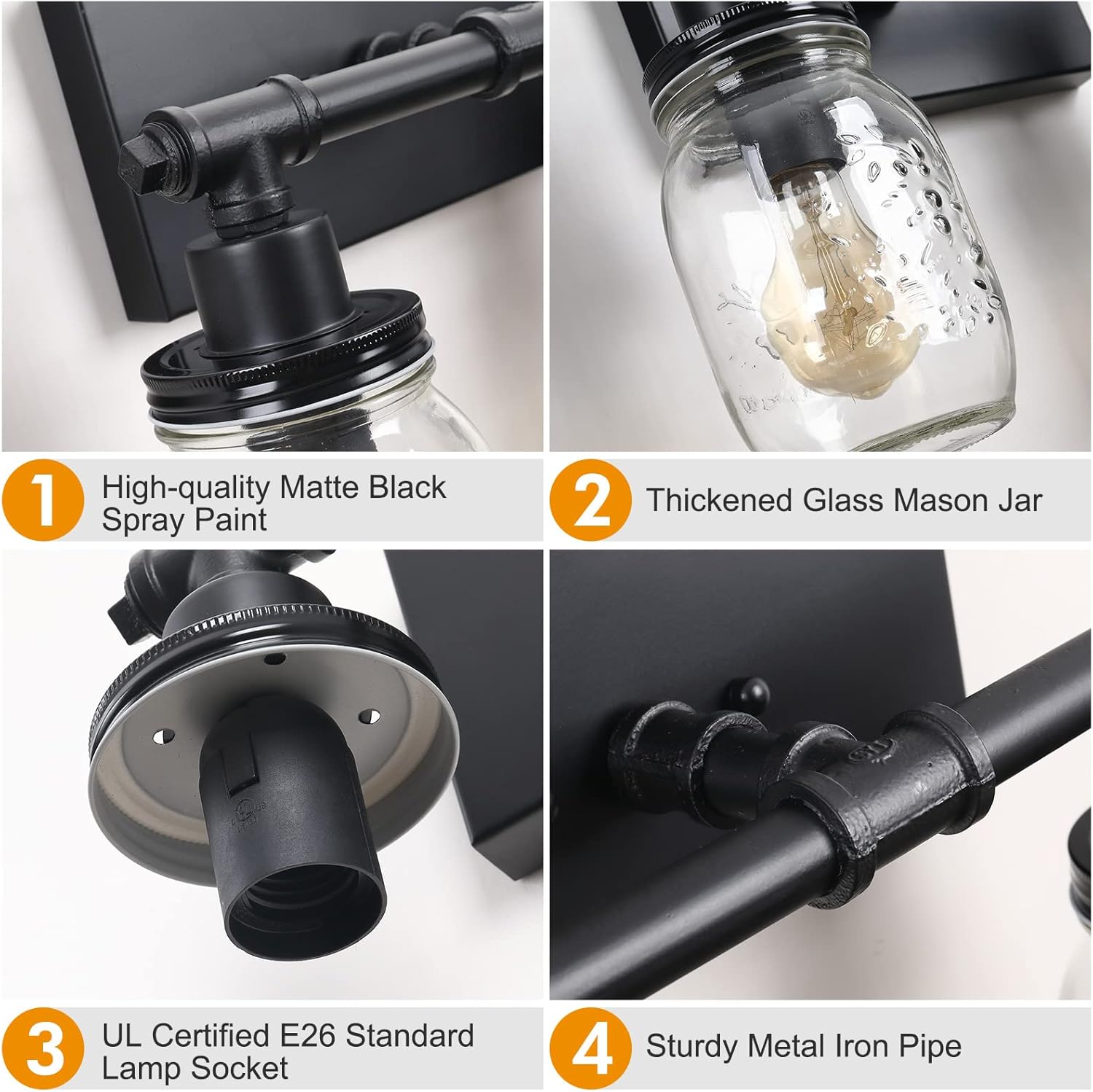 Bathroom Black Vanity Light Fixtures, 2 Light Mason Jar Vanity Light Farmhouse Industrial Vintage Wall Sconce Light Kitchen Pipe Wall Mount Lamp