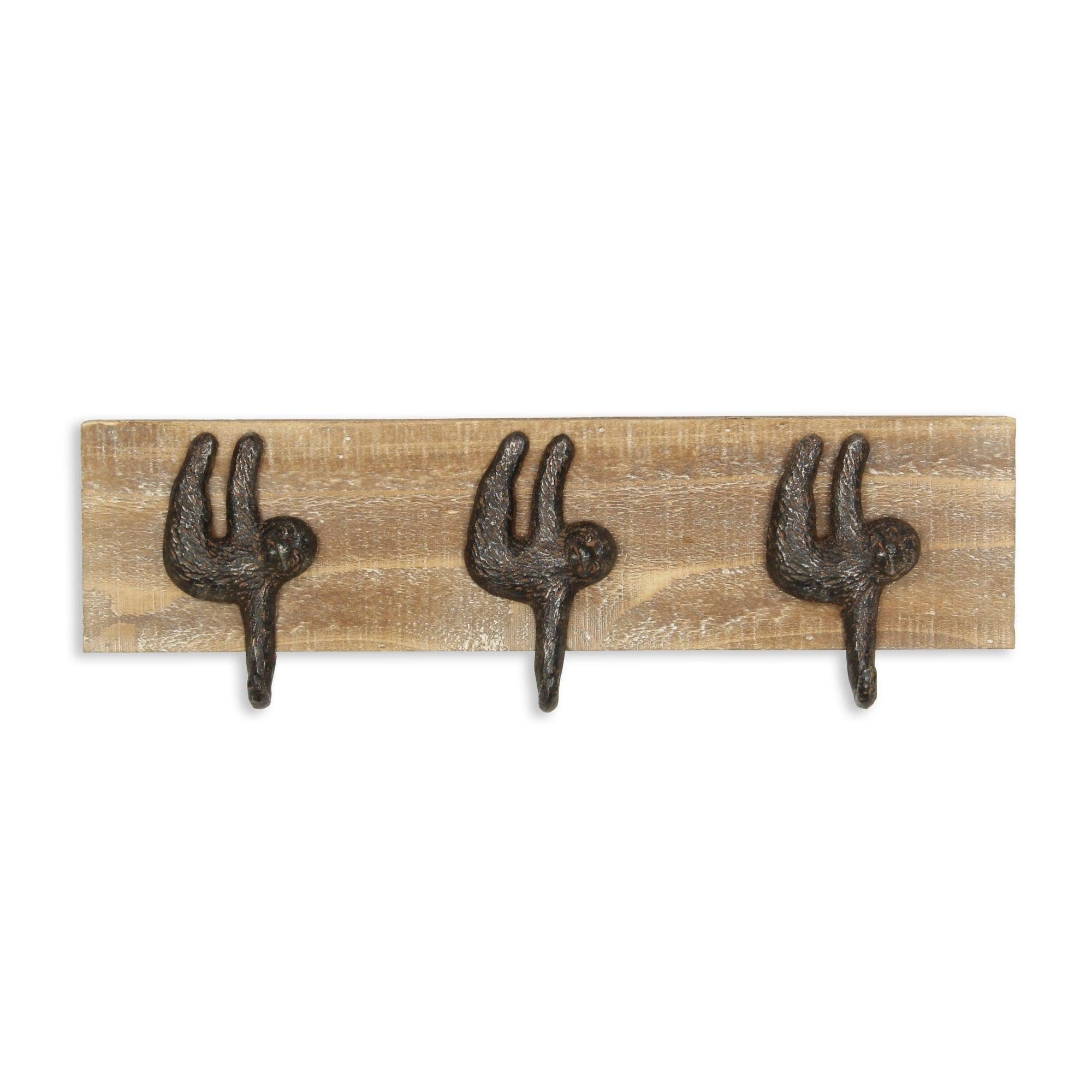15.75x22 Brown and White Sloth-Themed 3-hook Contemporary Wooden Coat Rack
