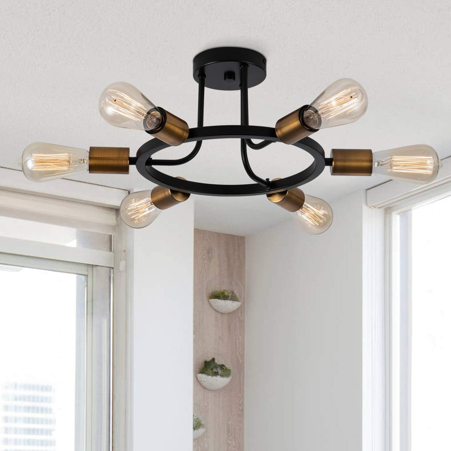 Weesalife Modern Sputnik Chandelier Ceiling Lighting 6 Lights Black and Brass Semi Flush Mount Ceiling Lights Rustic Starburst Style Ceiling Lamp for Kitchen Dining Room Foyer Hallway