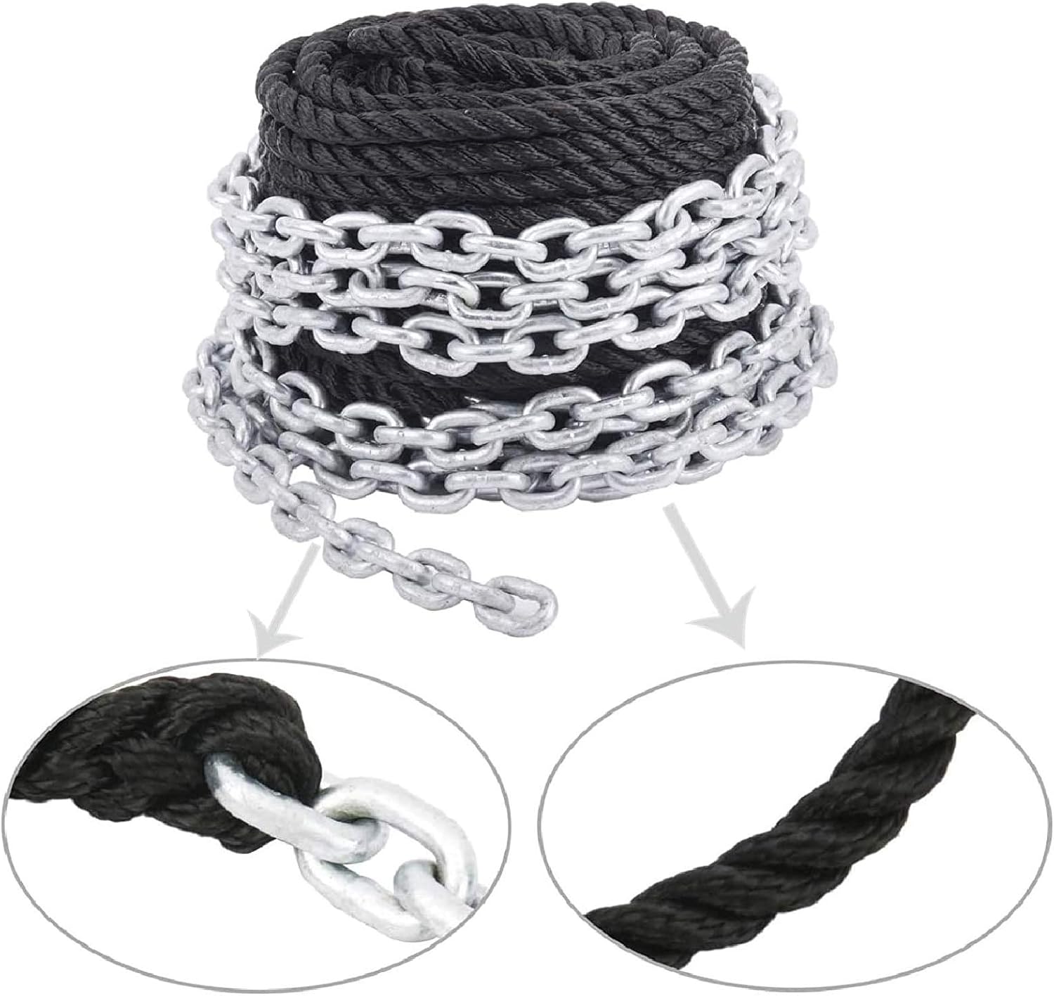 NovelBee 3/8 Inch 100 Feet 3 Strand Twisted Nylon Rope with 1/4 Inch x 15 Feet Galvanized Chain for Boat Dock Line (Black) Pack of 2