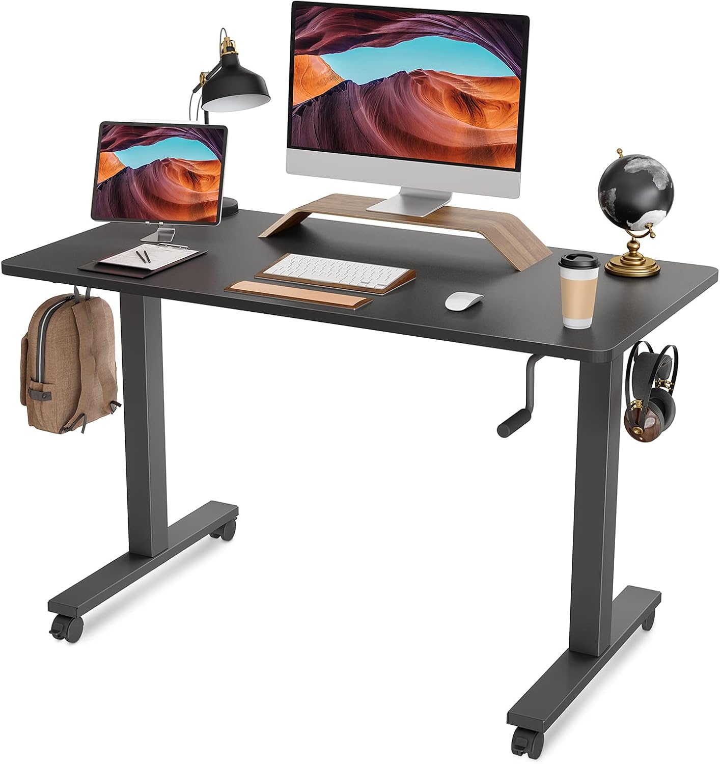 FEZIBO Crank Adjustable Height Standing Desk, 48 x 24 Inches Manual Stand up Desk, Sit Stand Desk with Handle, Home Office Desk with Greige Top and Black Frame