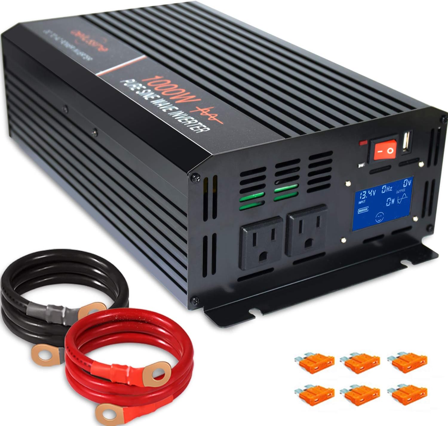 aeliussine Power Inverter 1000W Pure Sine Wave Inverter 24v DC to AC 120v Peak 2000 Watt Converter with LCD Display USB Charge Port for Car RV Boat Solar Power System.