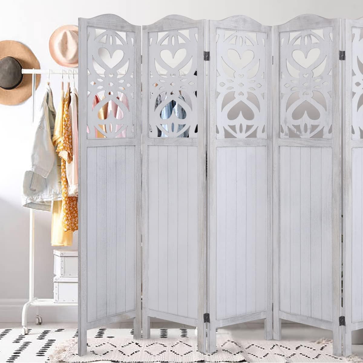 Rose Home Fashion RHF 5.6 ft. Tall- Cutout Room Divider,Double Hinged, Folding Room Dividers,Panel Screen, Room Dividers and Folding Privacy Screens, Free Standing,(6 Panel,White)