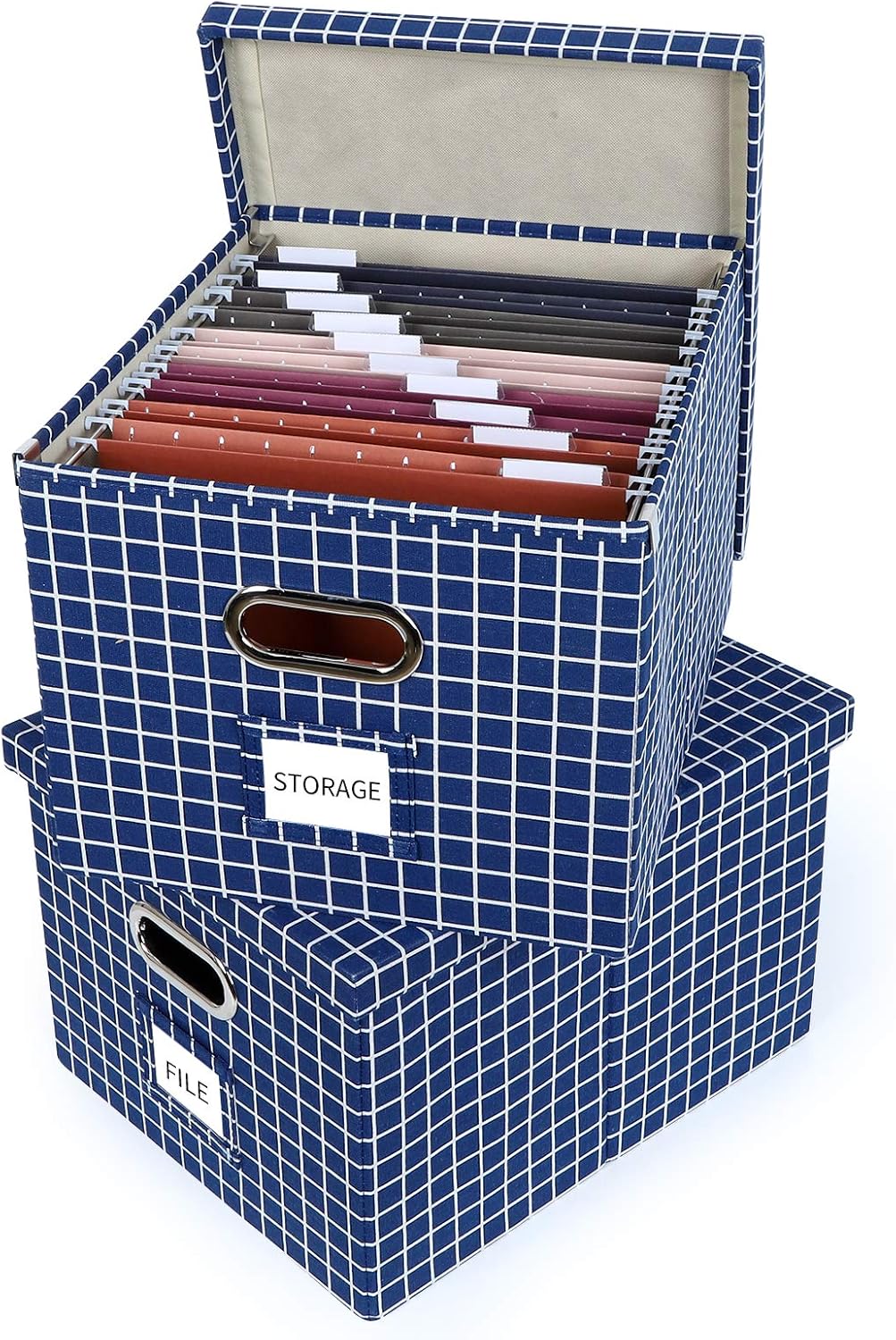 Upgraded Collapsible Hanging File Storage Boxes with Smooth Sliding Rail Large Capacity Filing Organizer Letter/Legal File Floder Storage Box, Office Box (White Lattice, Pack of 4) Pack of 2