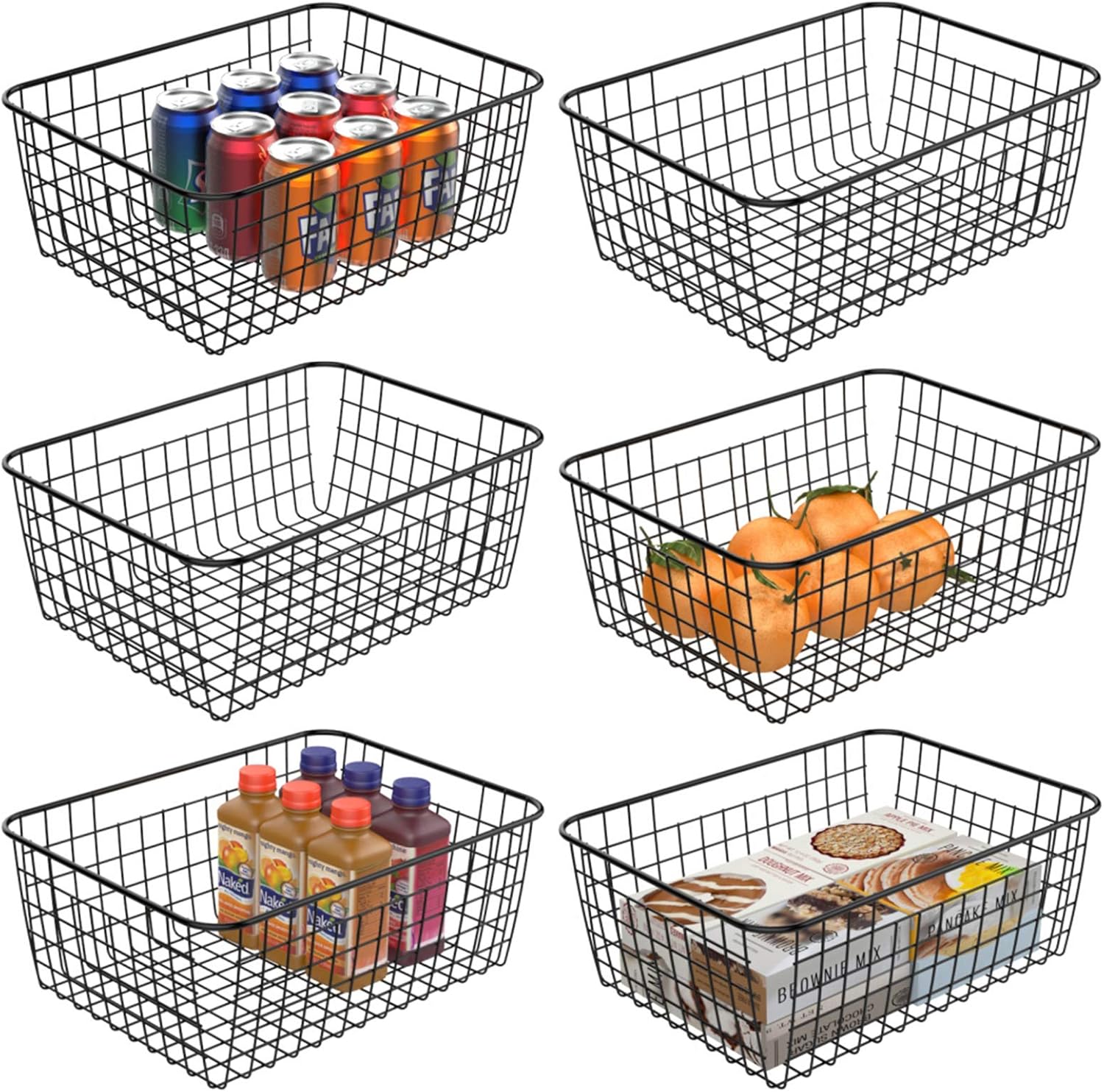 Wire Storage Basket, iSPECLE 6 Pack Large Metal Wire Baskets Pantry Storage Organization Baskets with Handles, Freezer Baskets Bins for Kitchen Pantry Shelf Laundry Cabinet Garage, Black Pack of 2