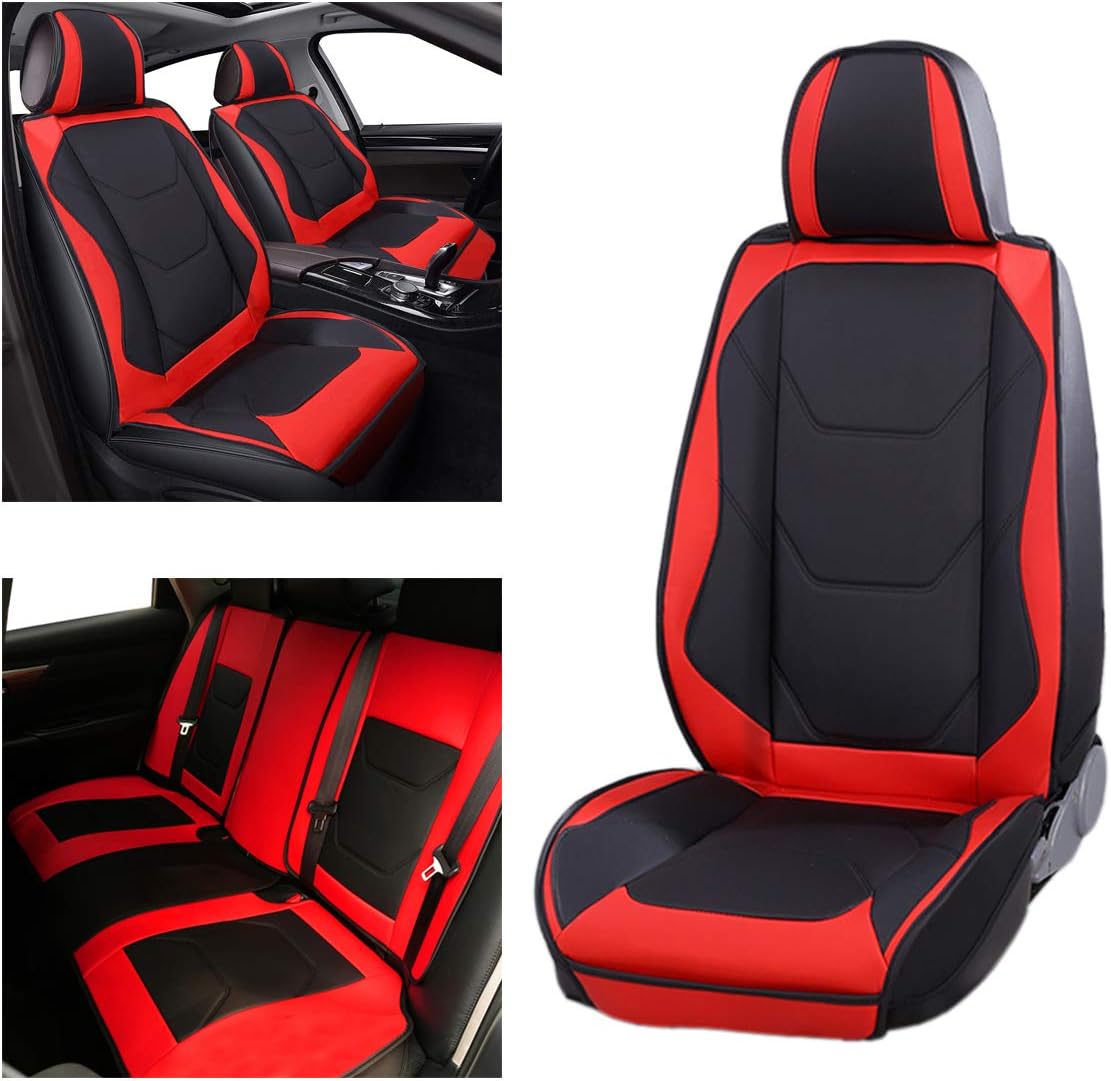 Adust Car Seat Covers Full Set, Universal Leather Cushion 5 Seats Cover for Sedan SUV Hatchback Truck Tacoma Sorento Accord RAV4 Altima Corolla Outback Impala Malibu etc.(Full Set, Black/Red)