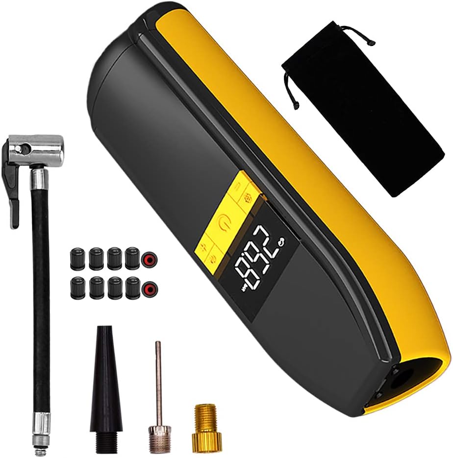 6000mAh Rechargeable Portable Air Compressor Mini Electric Air Inflator Handheld Cordless Tire Pump, 150PSI, Digital LCD Pressure Gauge, with Lithium Battery, for Car Bicycle Tires Balls (Yellow) Pack of 2