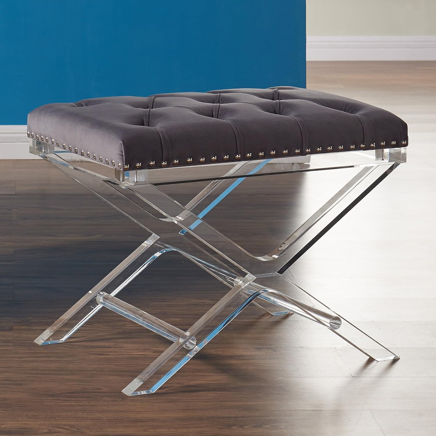 Armen Living Cody Ottoman in Grey Velvet and Acrylic Finish