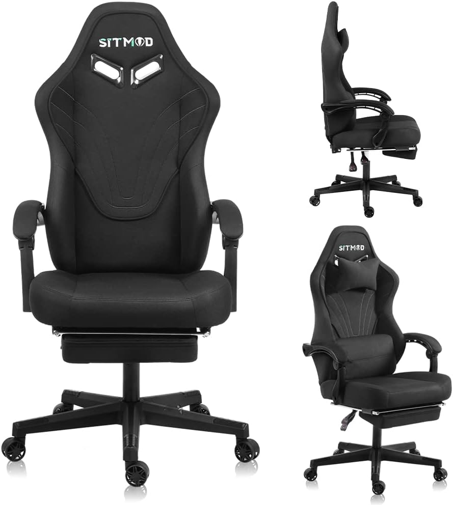 SITMOD Gaming Chair with Footrest Back Support Office Chair Fabric Ergonomic Racing Chair Lumbar Support Swivel Computer Comfy Chair Massage PC Reclining Big and Tall Gamer Chairs for Adults