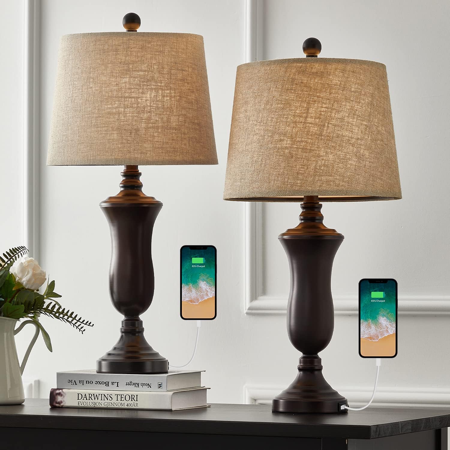 Oneach Modern USB Table Lamp Set of 2 for Living Room Bedroom Brush Steel 25