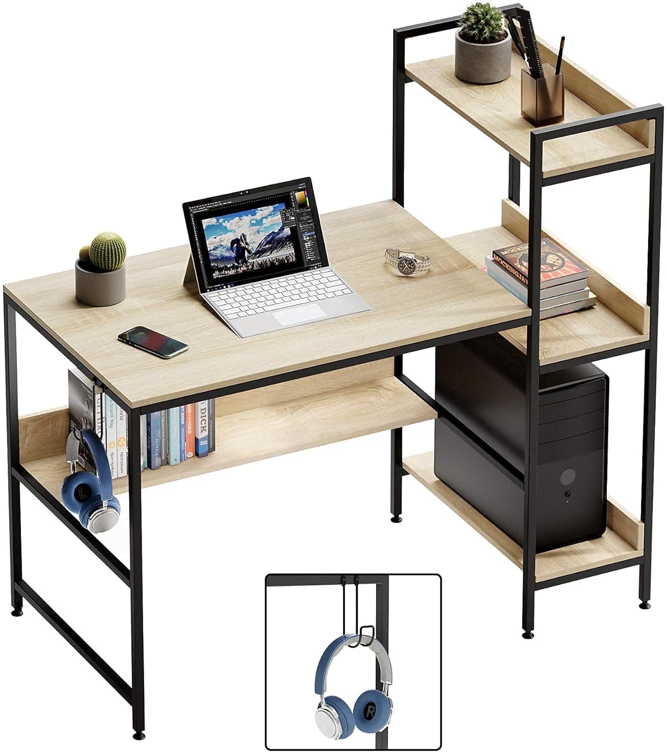 Bestier Computer Desk with Storage Shelves 47 Inch Ladder Writing Desk Bedroom Organization for Small Space Reversible Bookshelf and Under Desk Shelf (Oak)