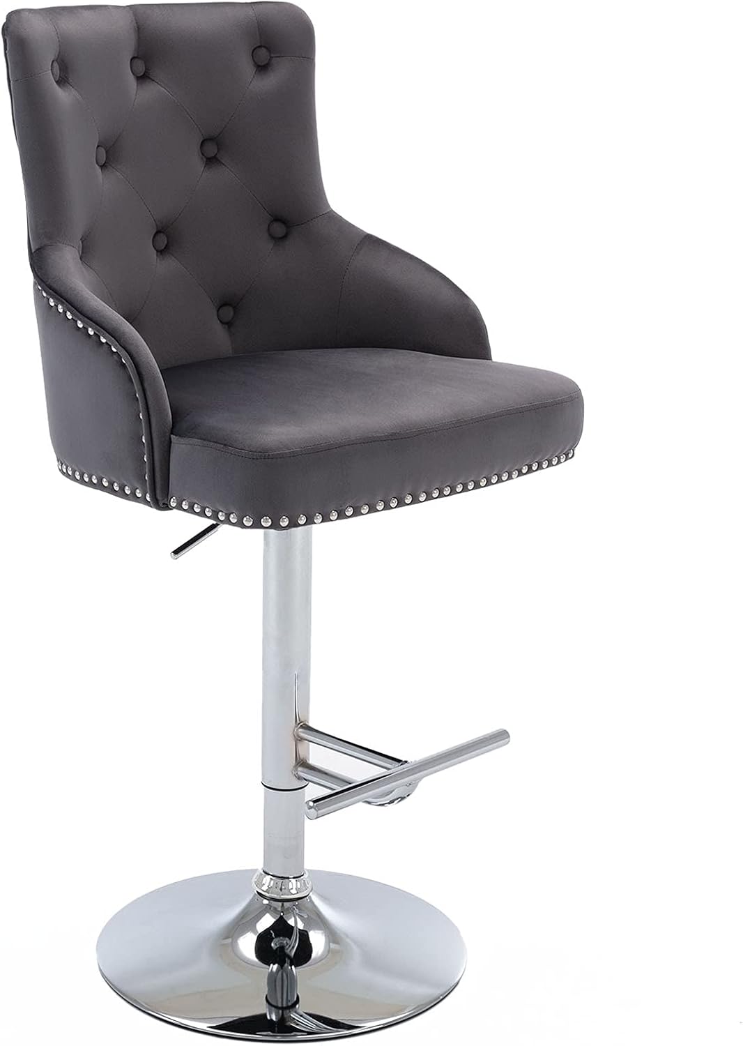 DMF Furniture Velvet Bar Stools Chairs with High Back Arms, Height Adjustable in Kitchen Dining Counter Room Fabric Barstools (Sliver Base, Navy Blue)