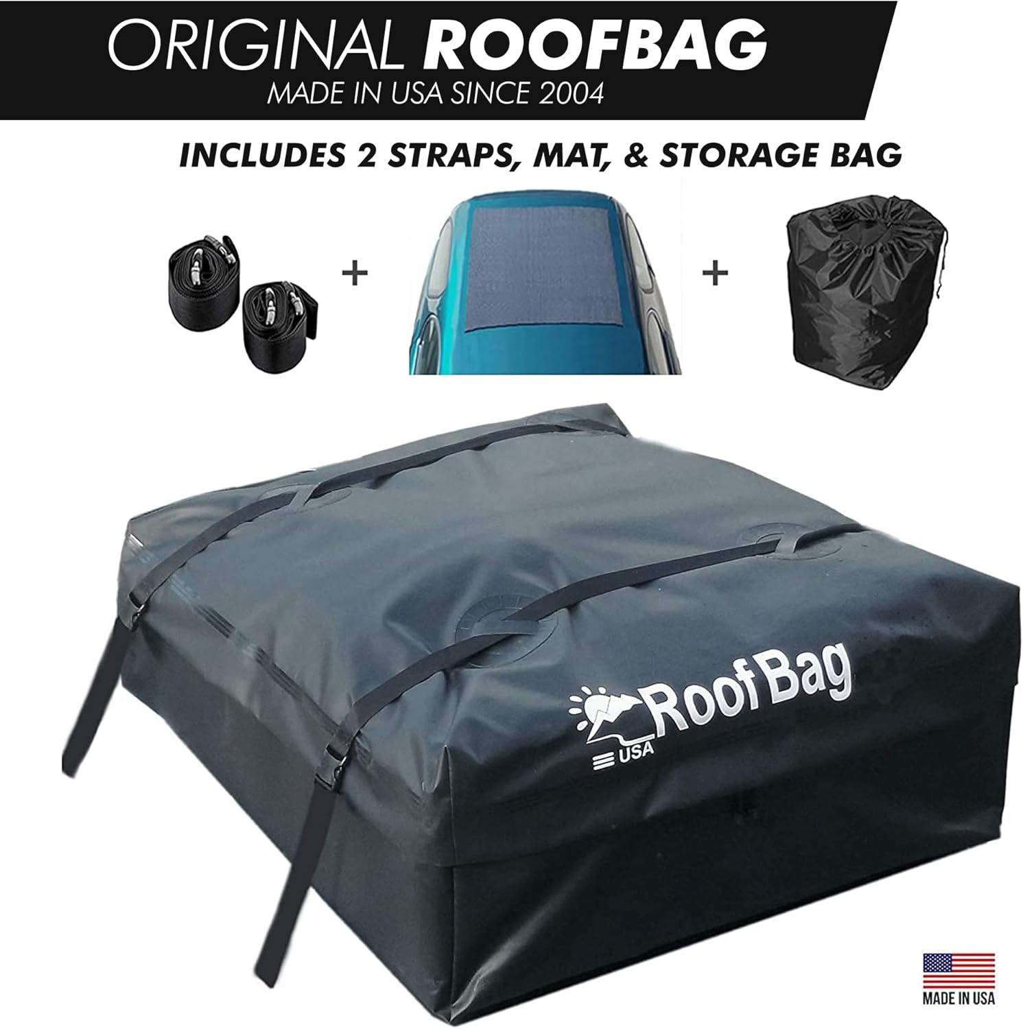 RoofBag Rooftop Cargo Carrier Made in USA is a Waterproof Car Roof Bag or Car Roof Cargo Carrier for Rack or No-Rack. Roof Bag Car Top Carrier 11 cu. ft. Includes Straps, Protective Mat, Storage Bag