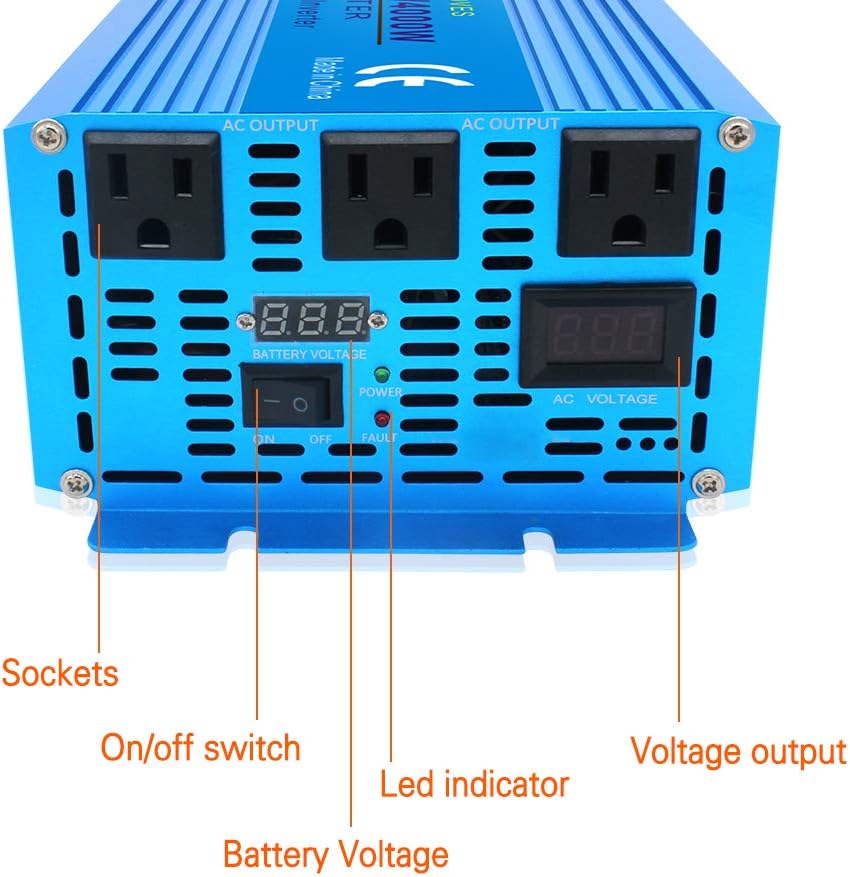 Cantonape 2000 Watt Pure Sine Wave Power Inverter 12V DC to 110V AC Converter, 3 AC Outlets Car Inverter with LCD Display for Car Boat Truck RV Solar Power Travel Camping
