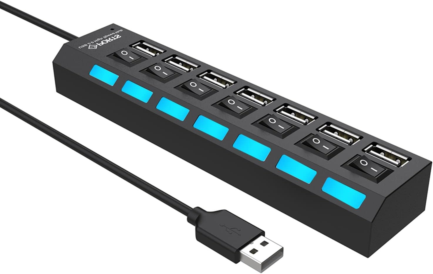 7-Port USB Hub USB 2.0 Hub Data Transfer with Individual Switches Indicator Lights for PC Laptop (Black-2)